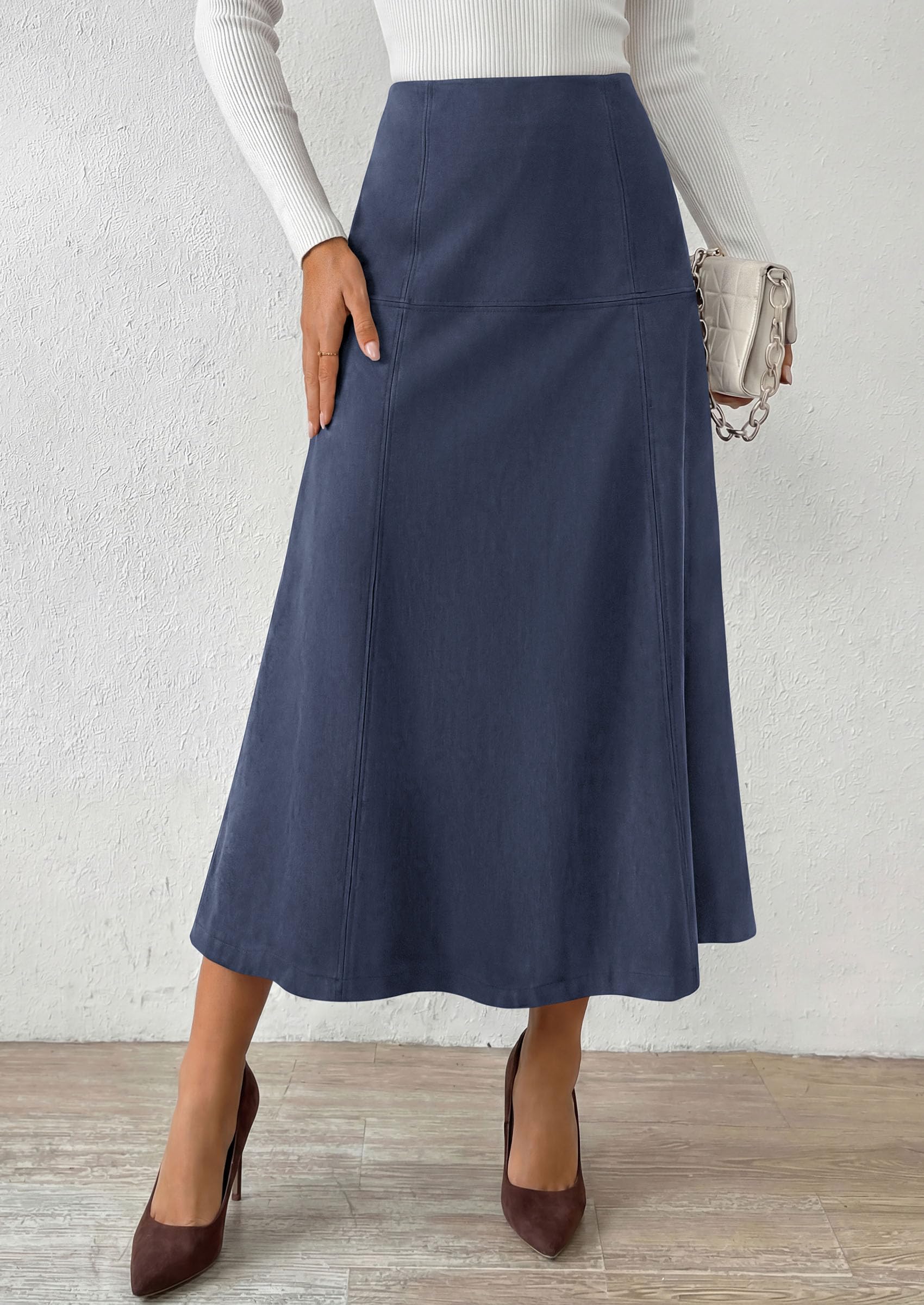 Womens High Waist Faux Suede A Line Midi Skirt,Navy,S