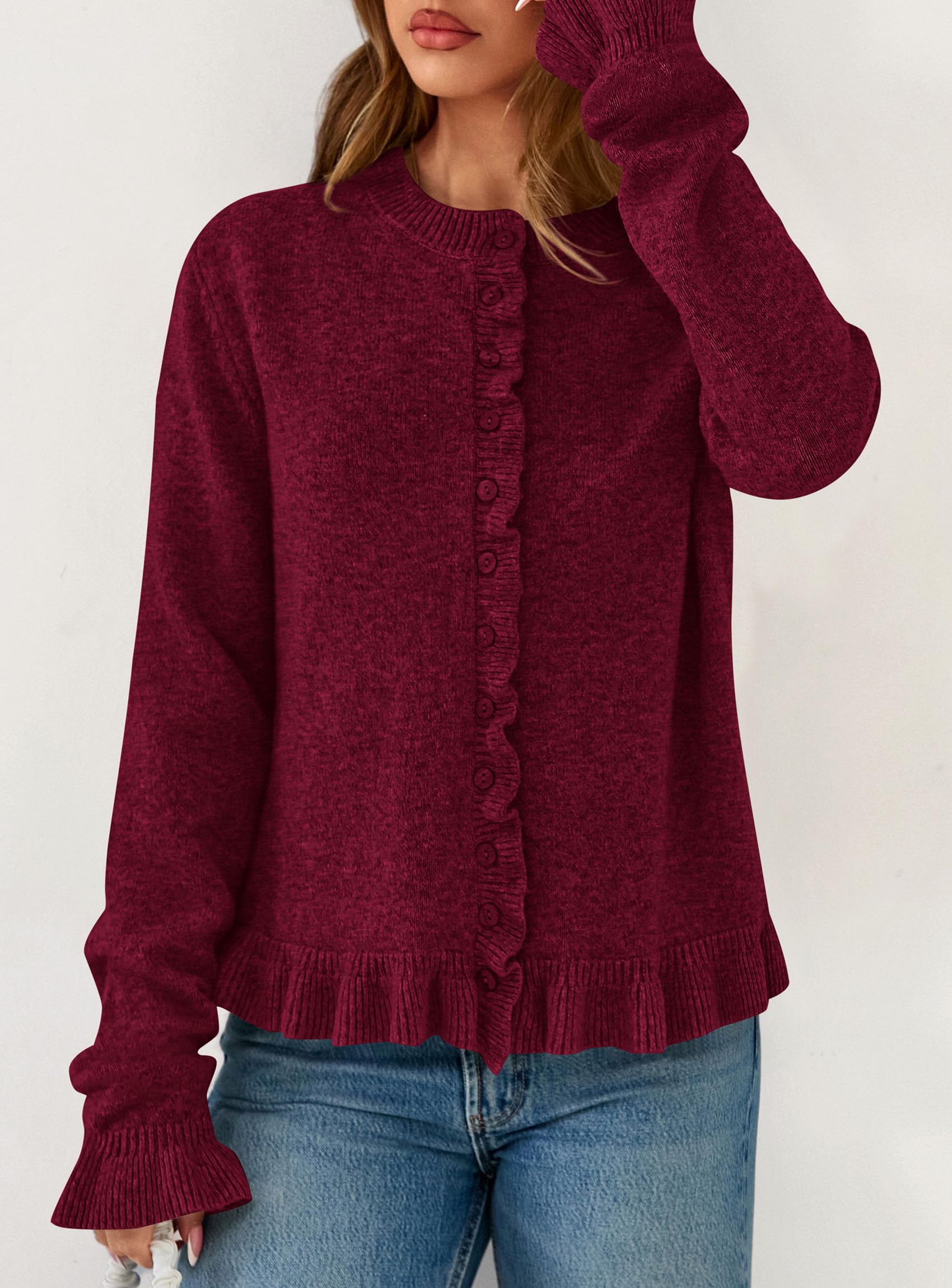 Womens Ruffle Button Down Cardigan Sweaters,Wine Red,S
