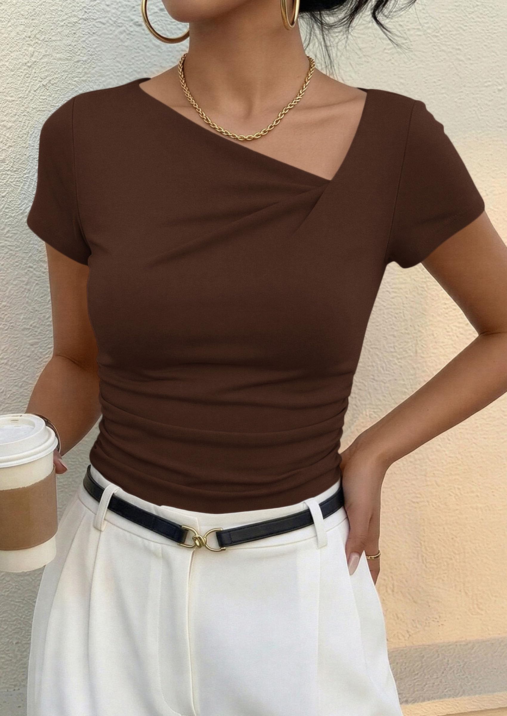 Women's Summer Trendy Asymmetrical Y2K Tops (Brown,S)