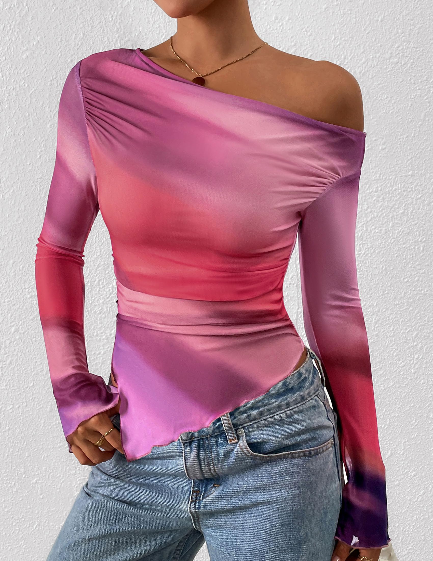 Womens Off Shoulder Mesh Y2k Tops,Multicolour Print,XS