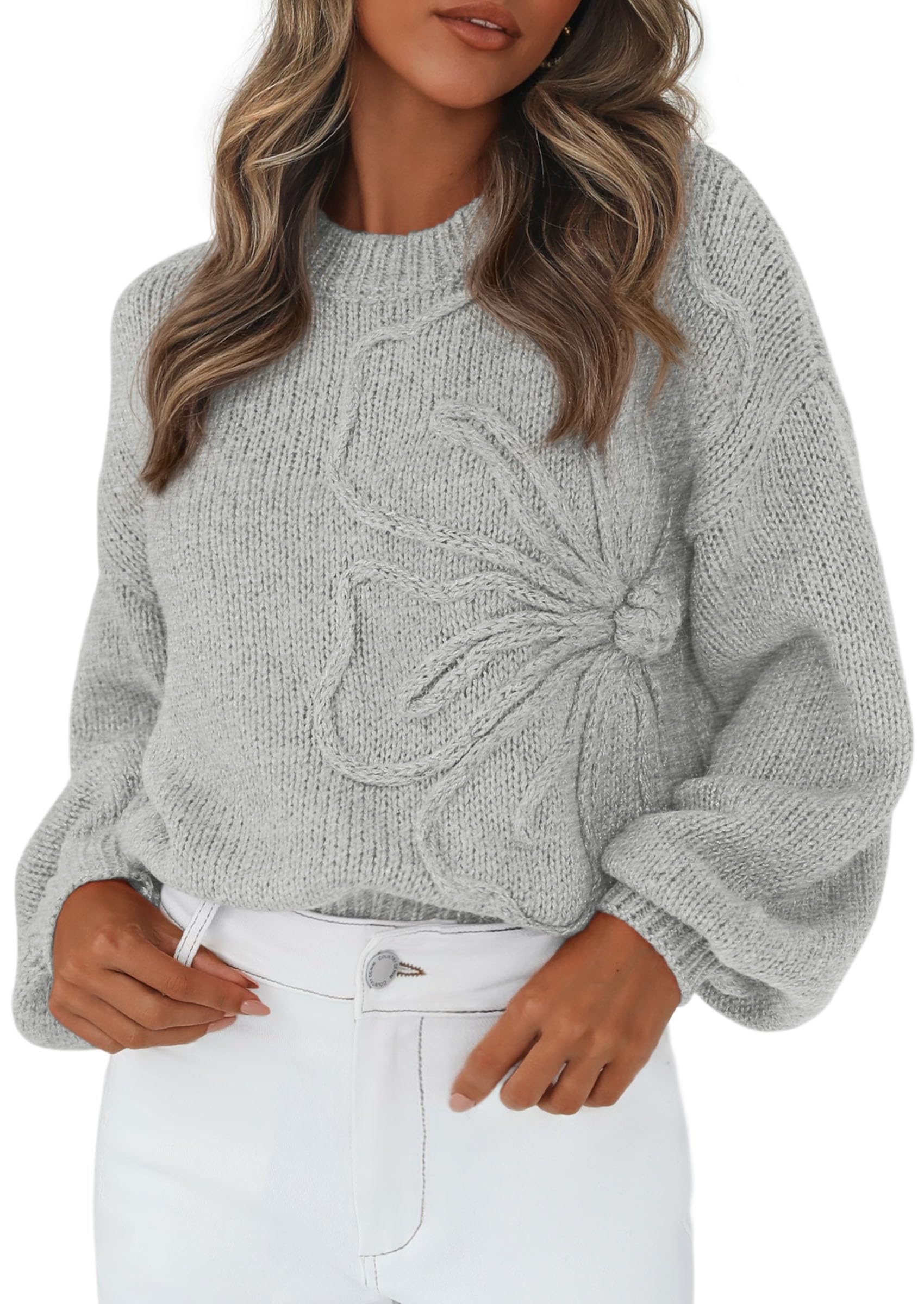 Women's Oversized 3D Floral Knit Sweater,Light Grey,S