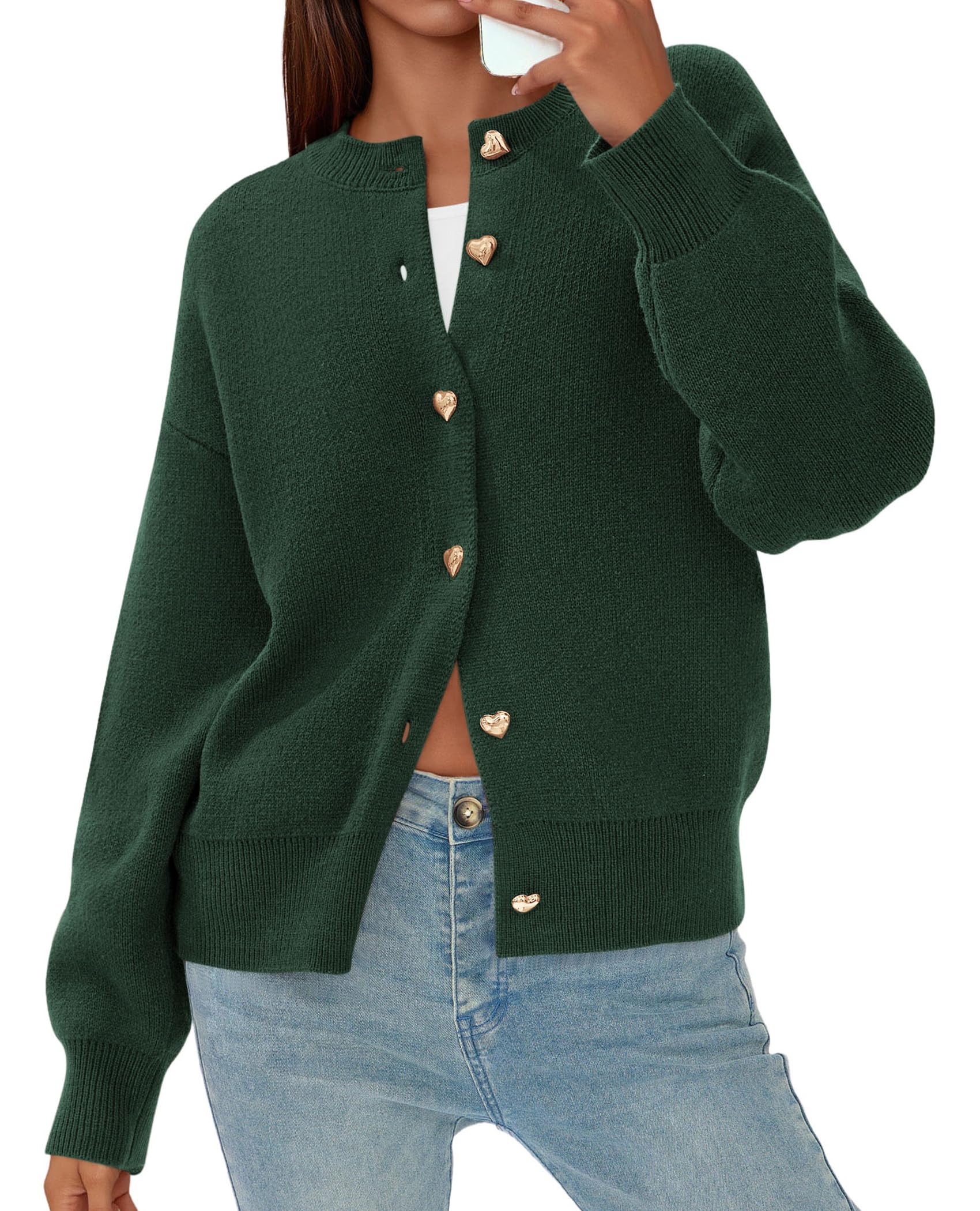 Women's Long Sleeve Button Up Cardigan,Dark Green,S