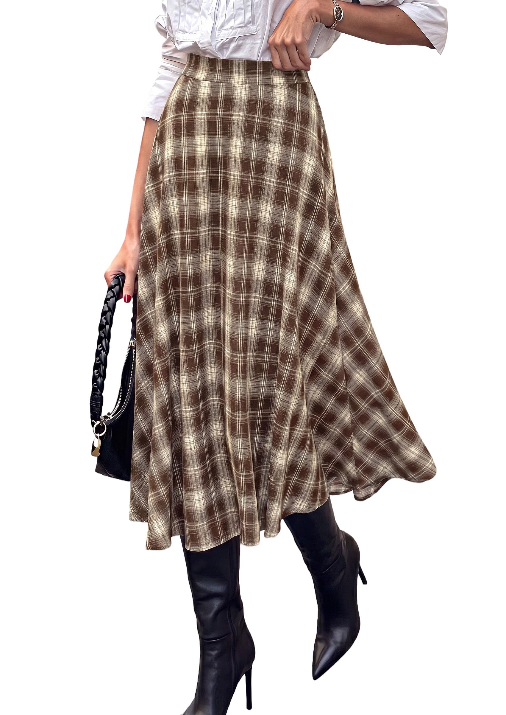 Women's Plaid High Waisted A-Line Midi Skirts,Khaki,S