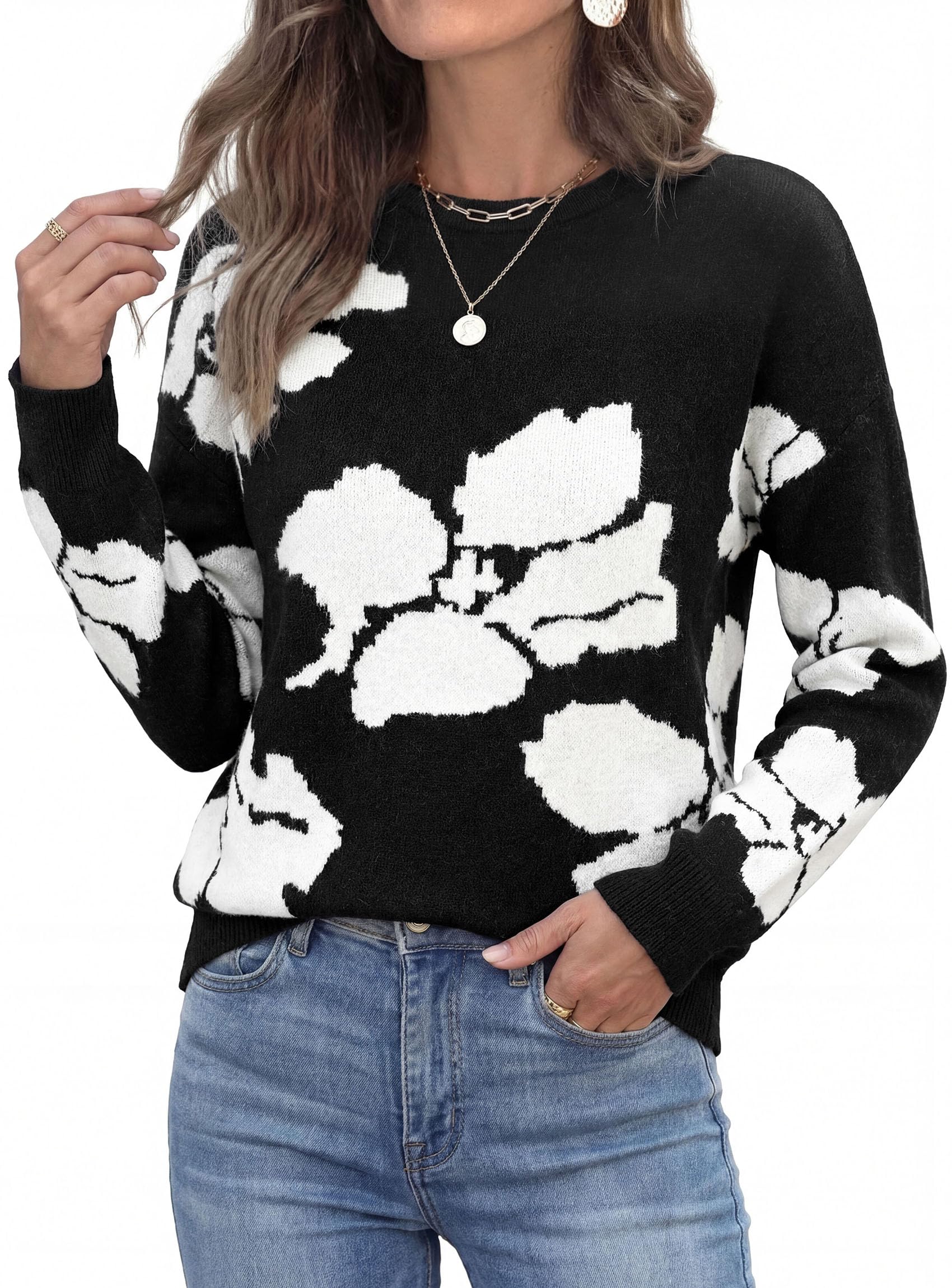 Womens Floral Sweater Crewneck Printed Pullover Tops Black