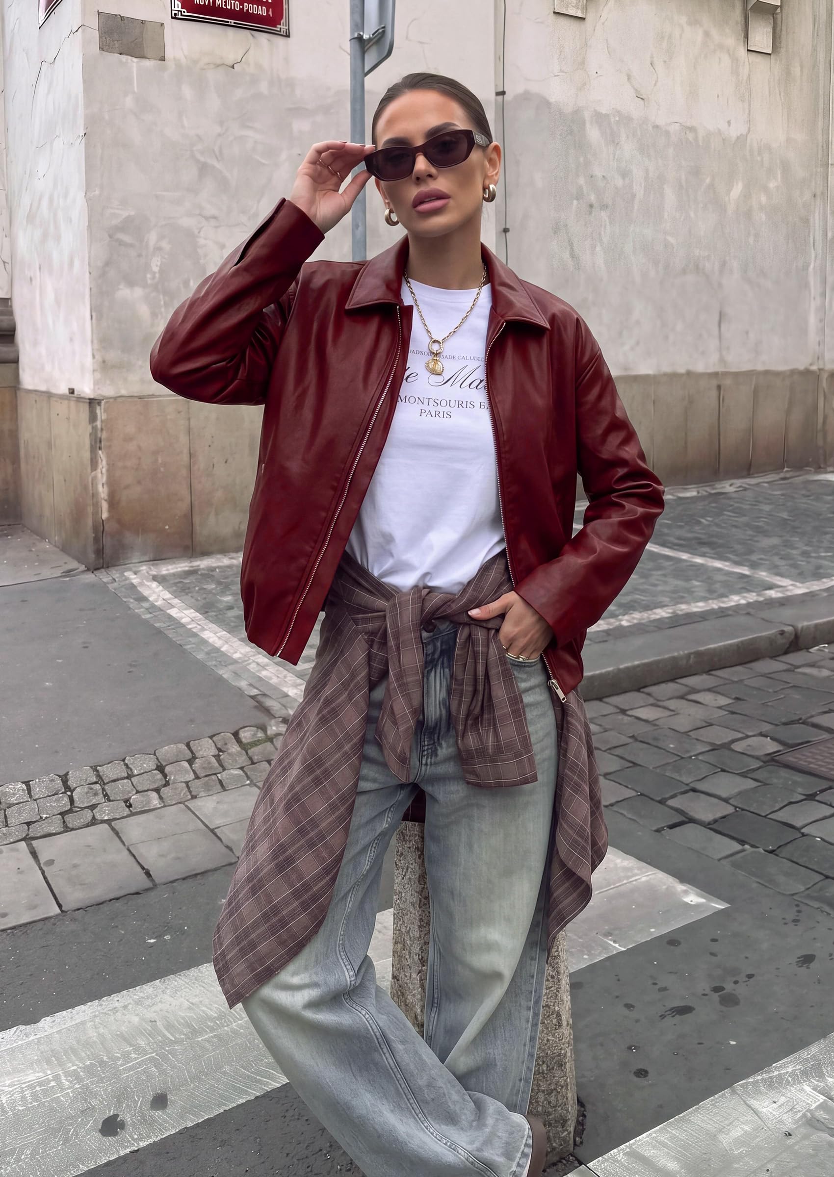 Womens Faux Leather Motorcycle Jackets Fall Cropped Coats