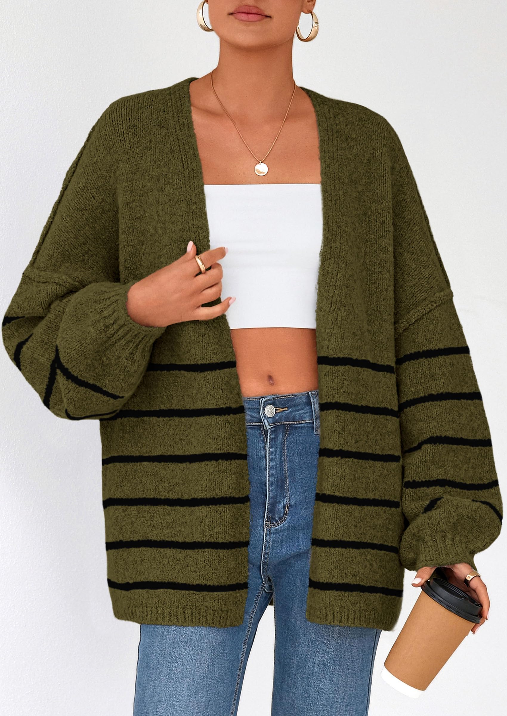 Womens Oversized Cardigan Sweaters 2026 Fall Long Lantern Sleeve Knit Open Front Lightweight Sweater (Striped Army Green,Small)
