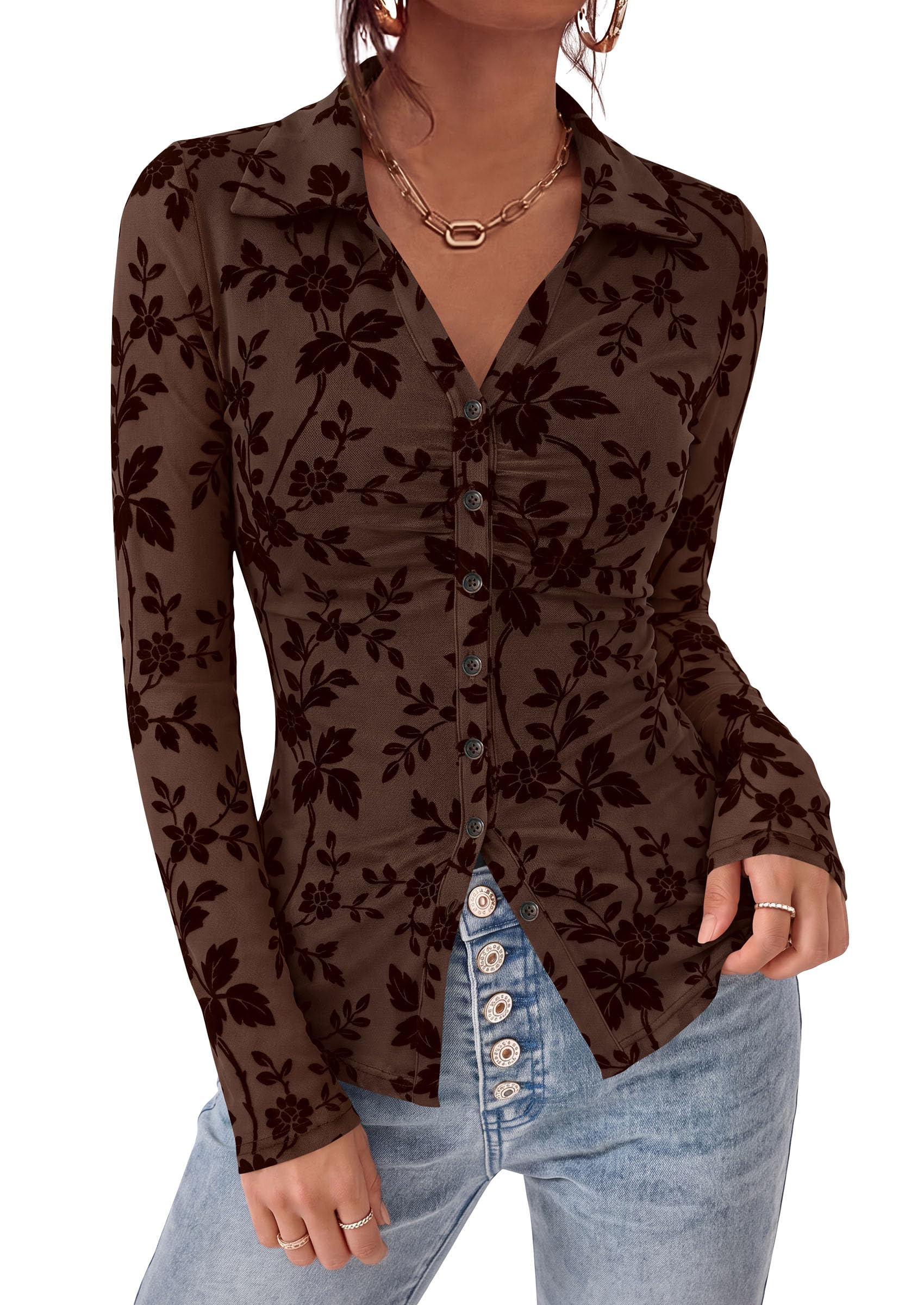 Women's Long Sleeve Floral Mesh Boho Tops Button Down Shirts