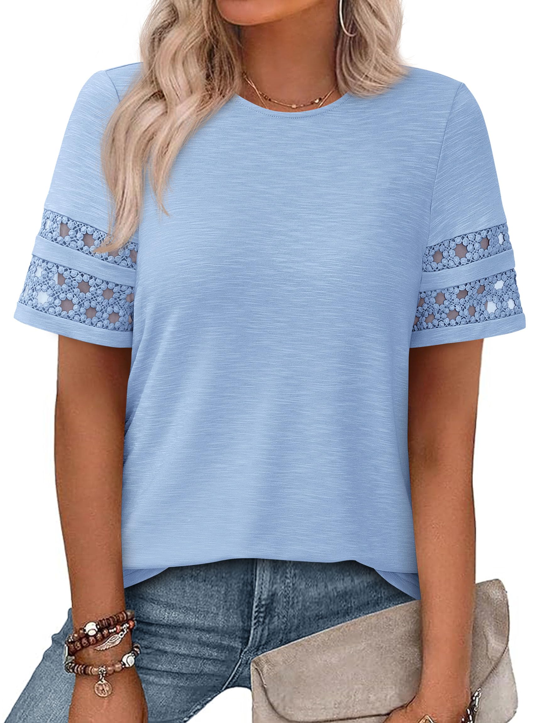 Women's Summer Short Sleeve Lace Trim T-Shirts,Light Blue,S