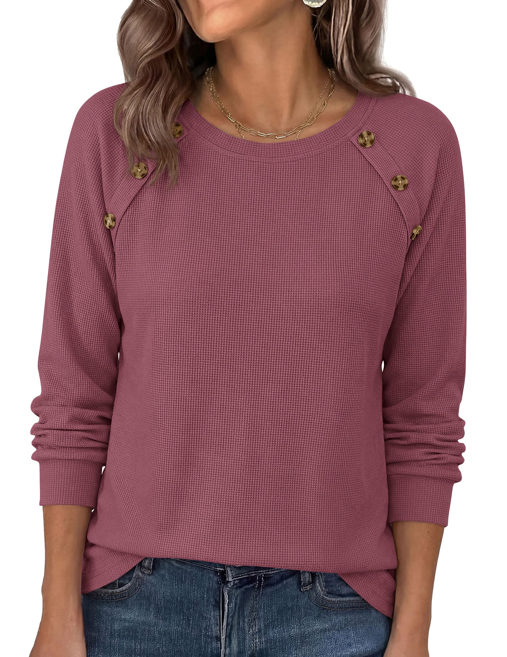 Fall Long Sleeve Waffle Knit Shirts for Women Loose Tunic Tops
