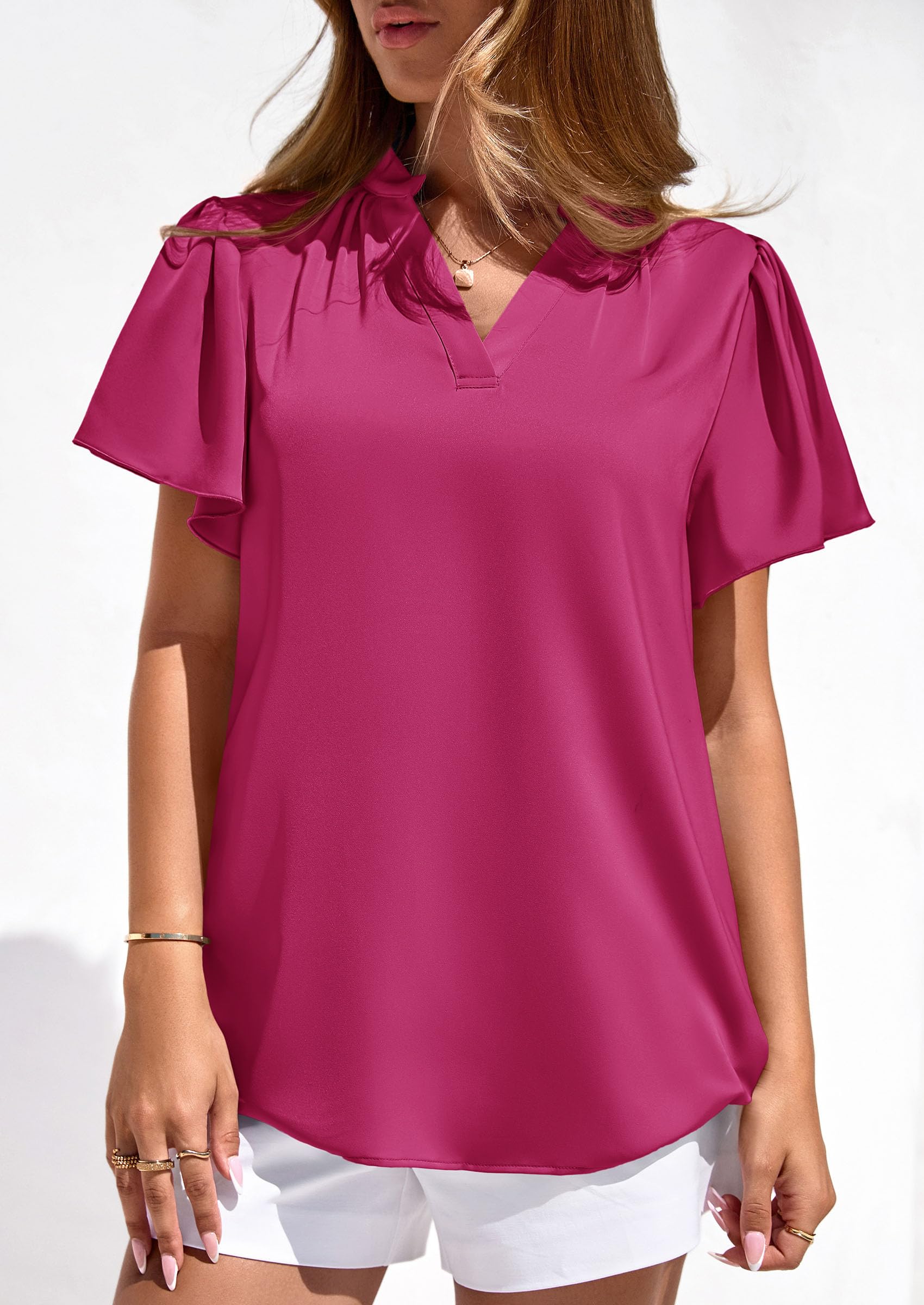 Women's Summer Satin Dressy Casual Blouses (Rose Purple,S)