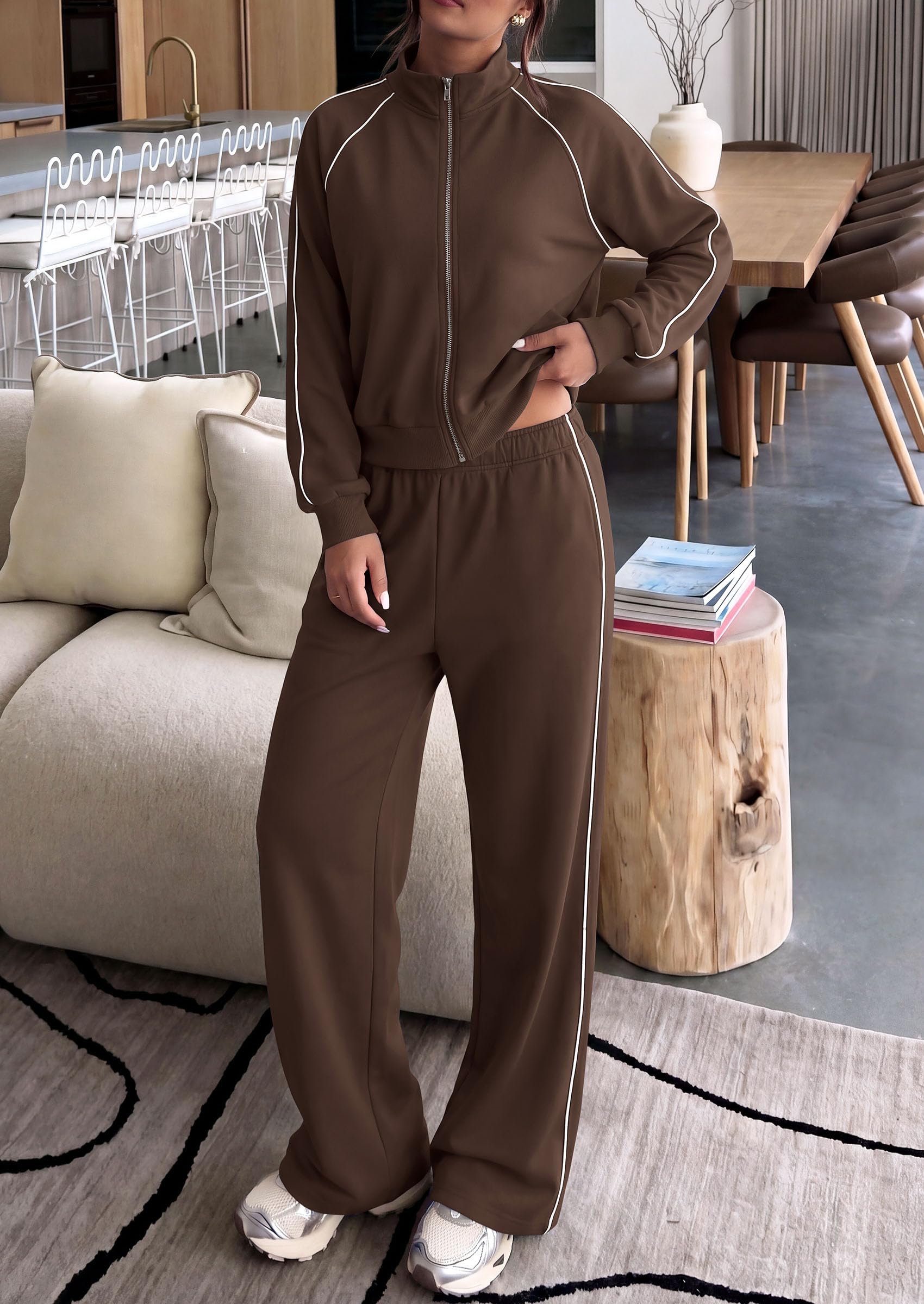 Women's 2 Piece Sweat Set Casual Fall Outfits,Brown,S