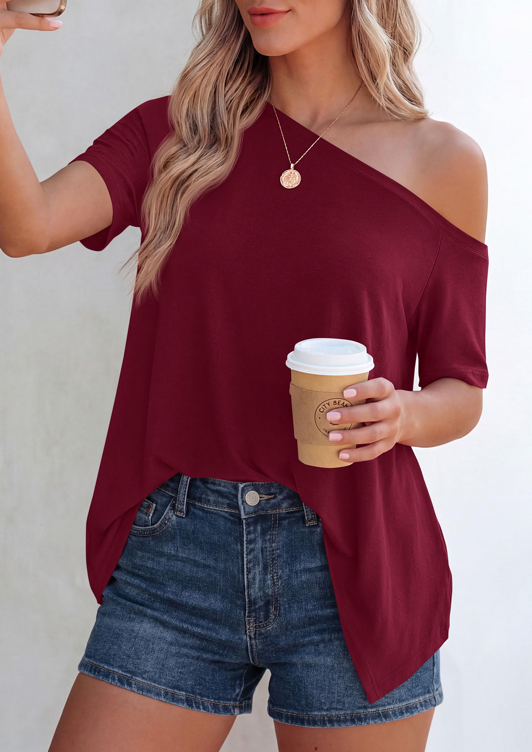 Off Shoulder Tops for Women Oversized Tshirts, Burgundy,S
