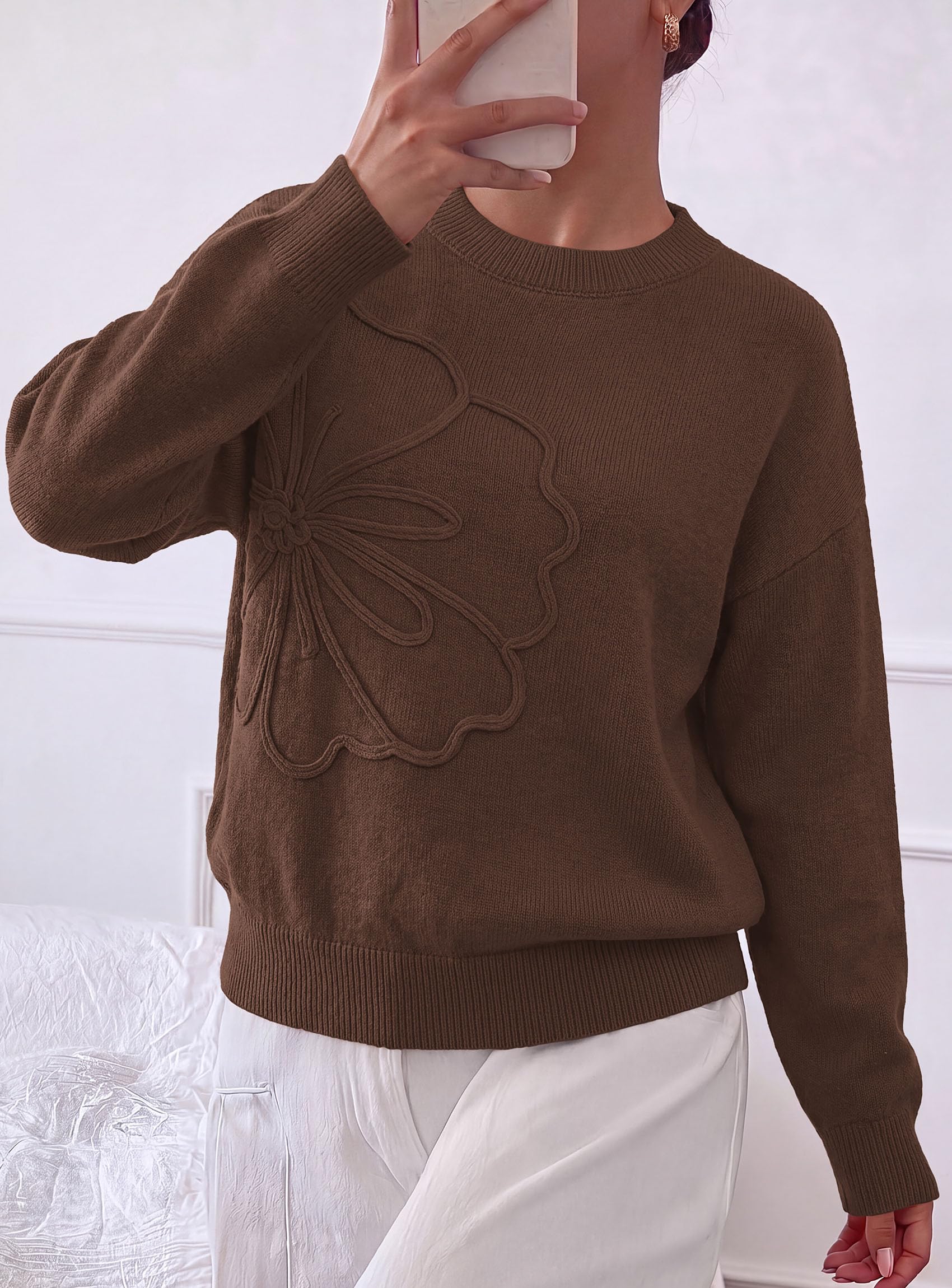 Womens Sweaters Floral Long Sleeve Knit Tops,Brown,S
