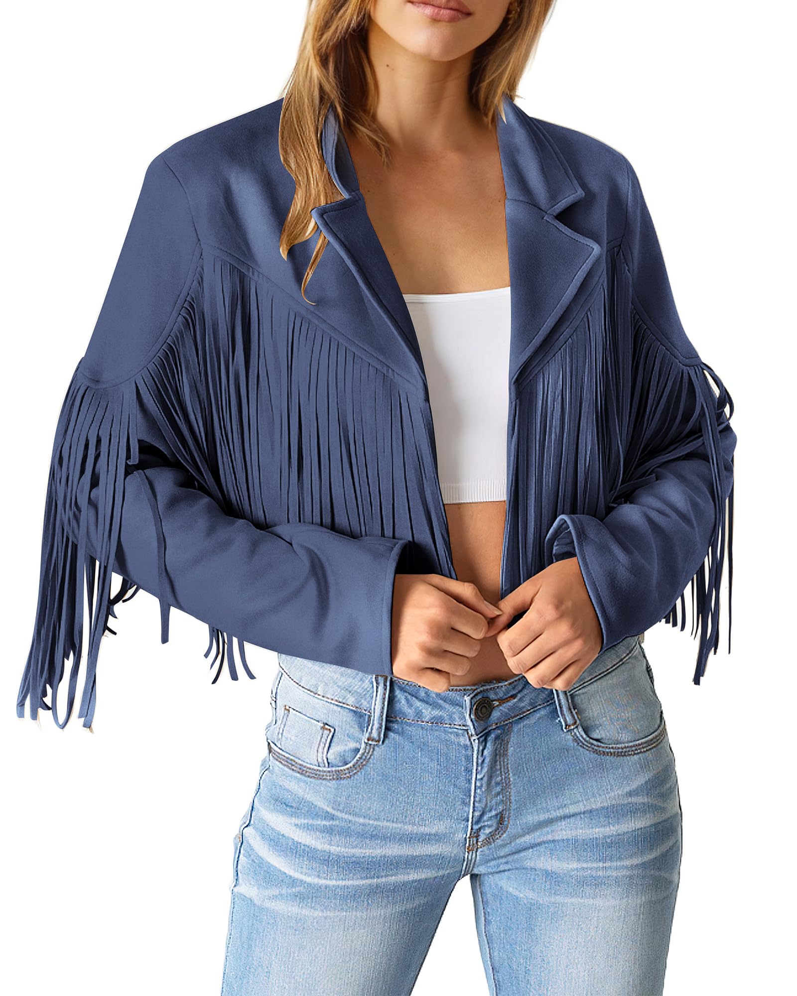 Women's Fringe Faux Suede Leather Jackets,Haze Blue,S