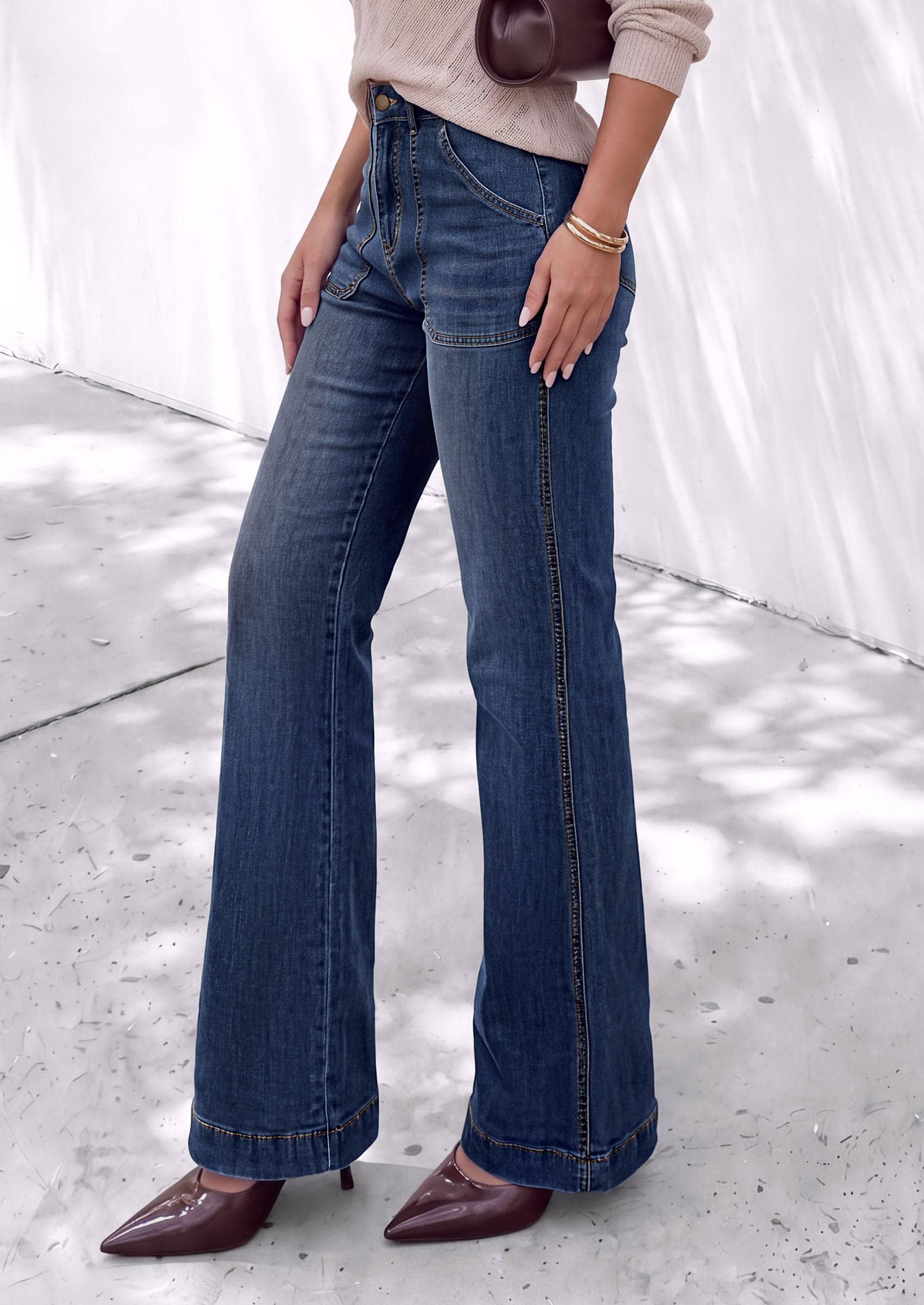 Womens High Waisted Wide Leg Jeans Demin Pants Dark Blue