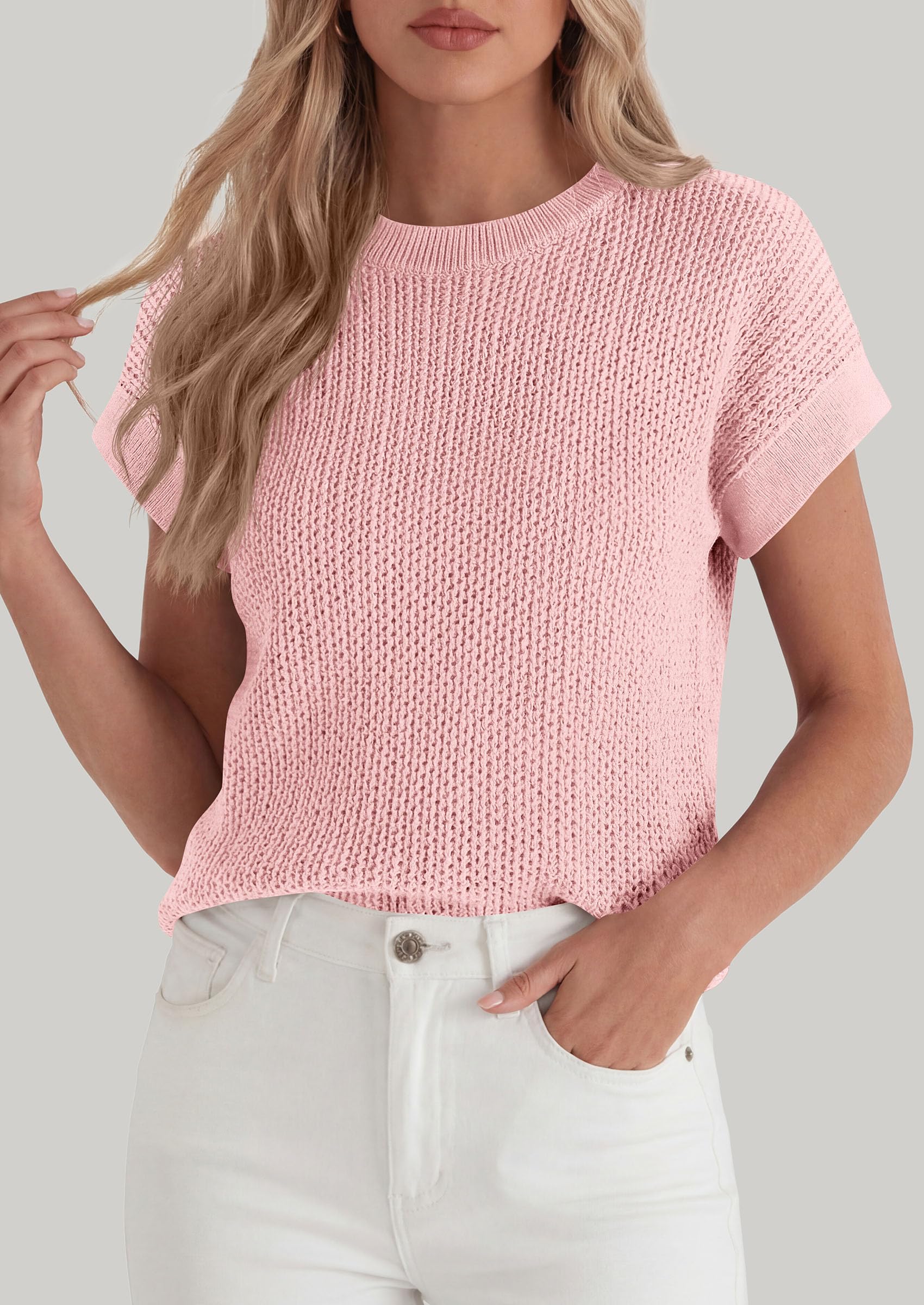 Women's Summer Sweater Vest Crochet Tops (Pink,S)