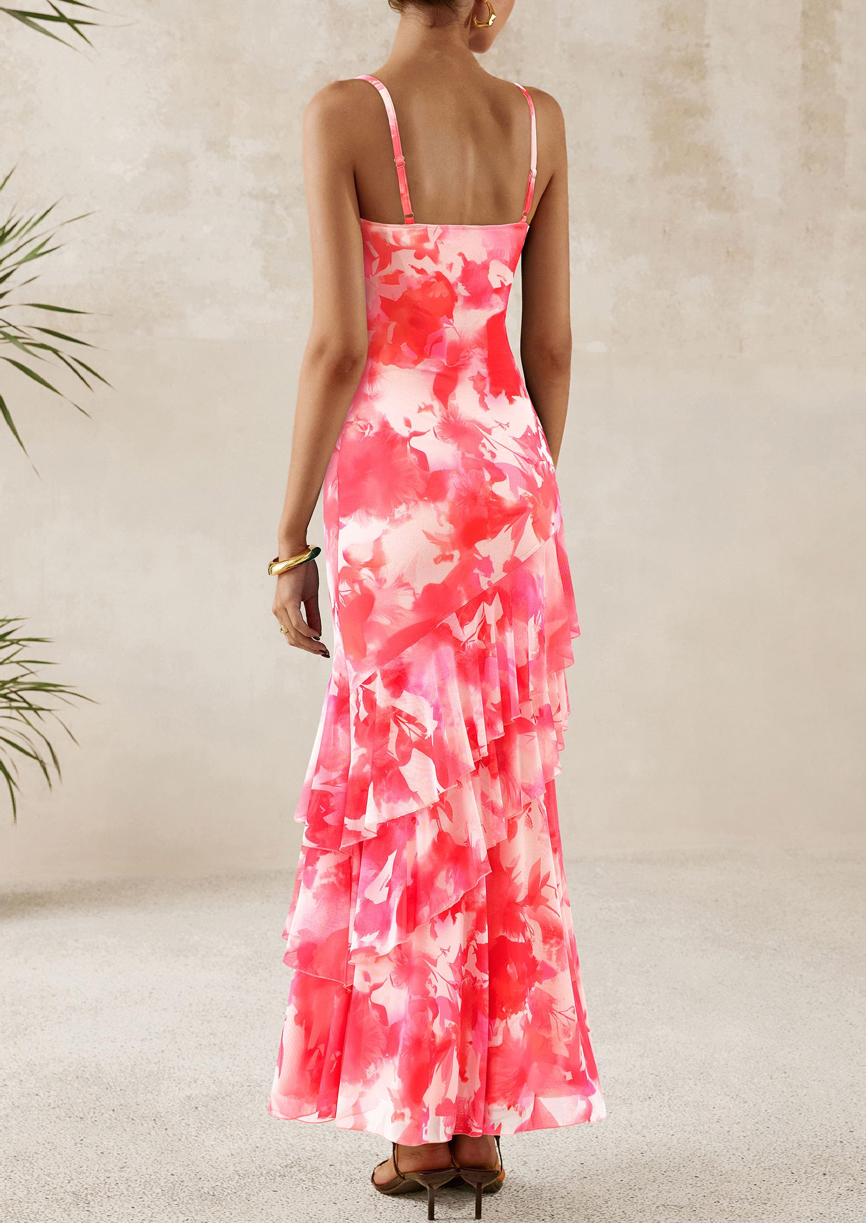 Women's Boho Floral Tiered Maxi Dress, Floral Pink Red,XS