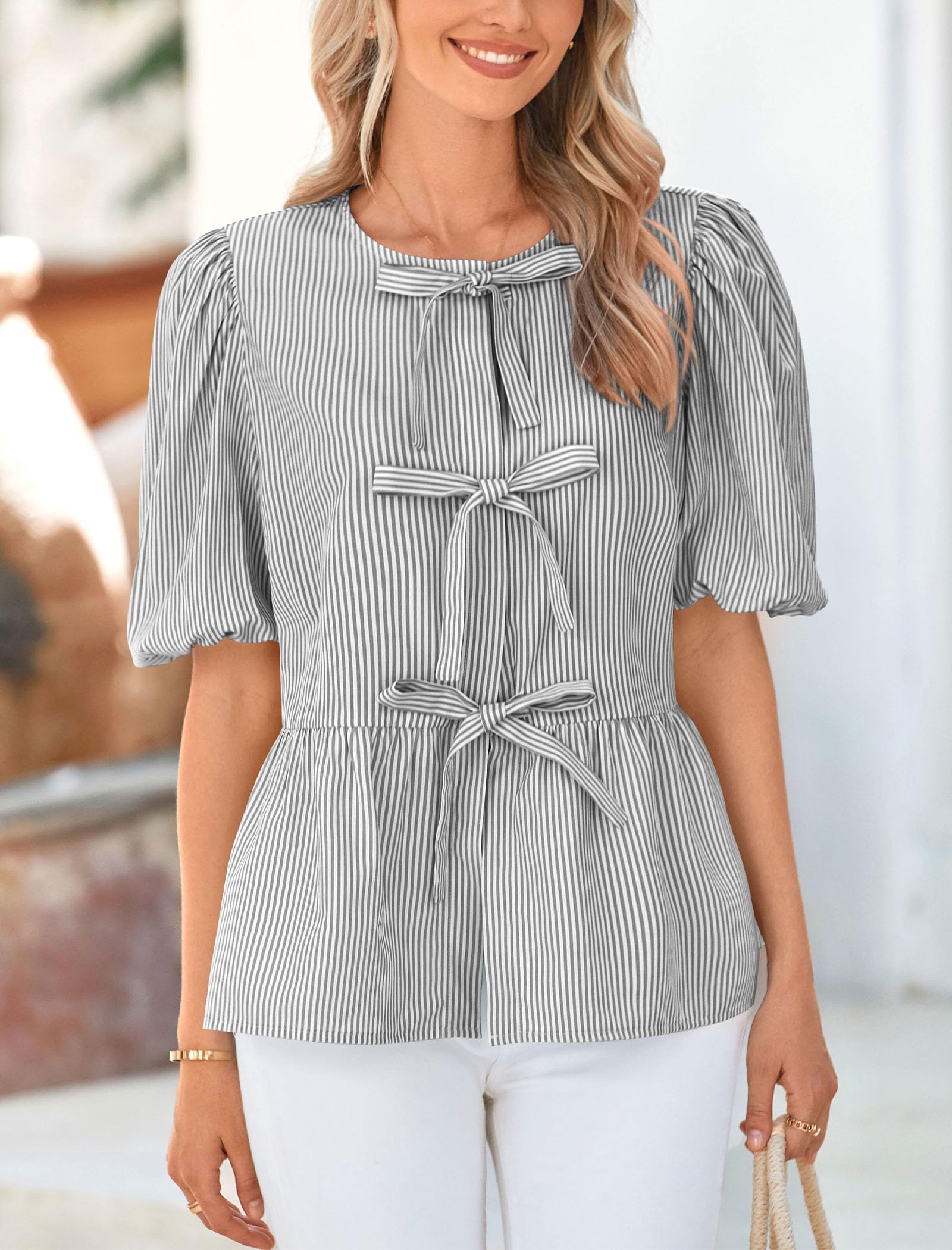 Women Striped Tie Front Babydoll Peplum Tops, Black,S