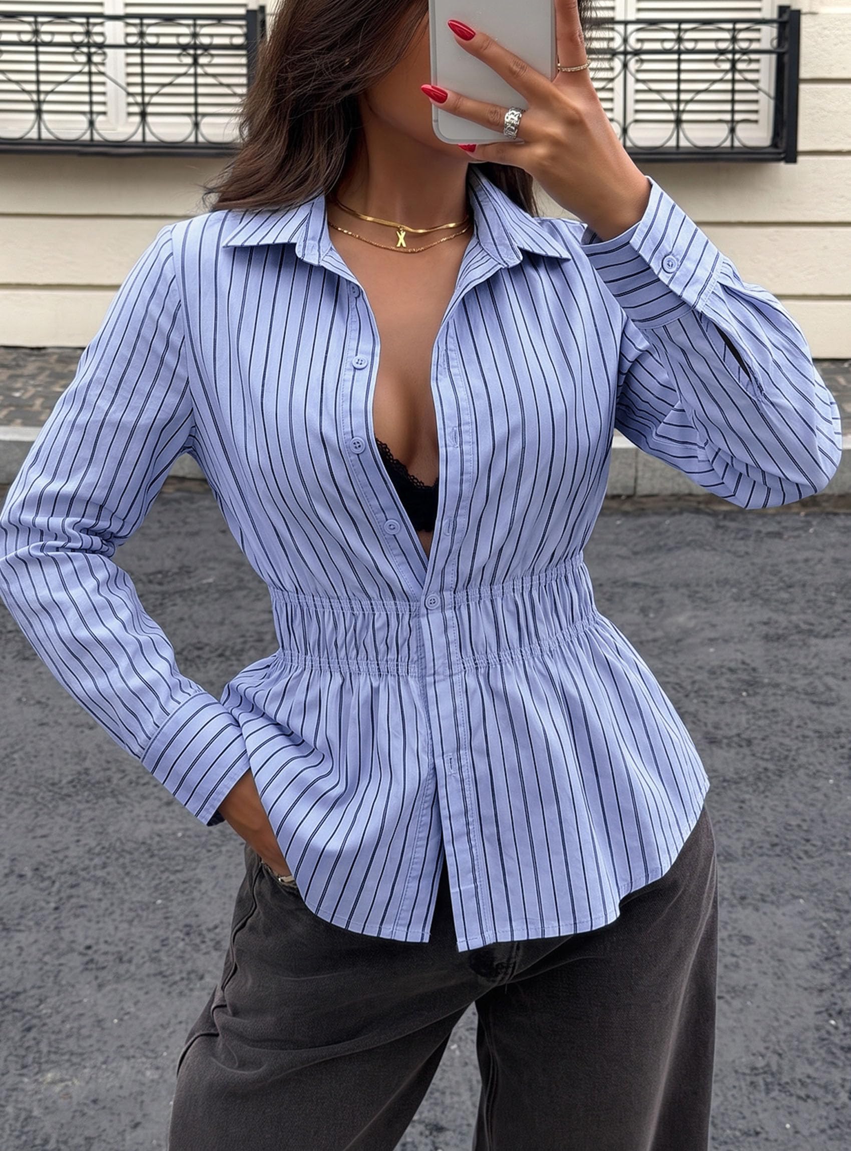Women's Peplum Button Down Work Shirts Business Casual Tops