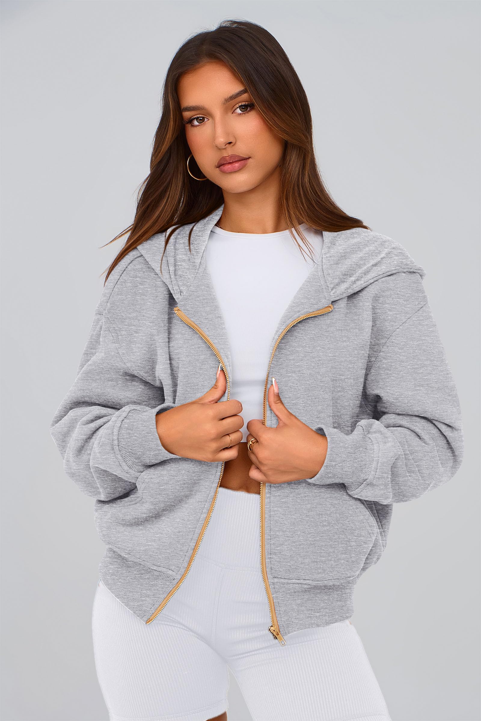 Hoodies for Women Fall Fashion Zip Up Fleece Plain Sweatshirt