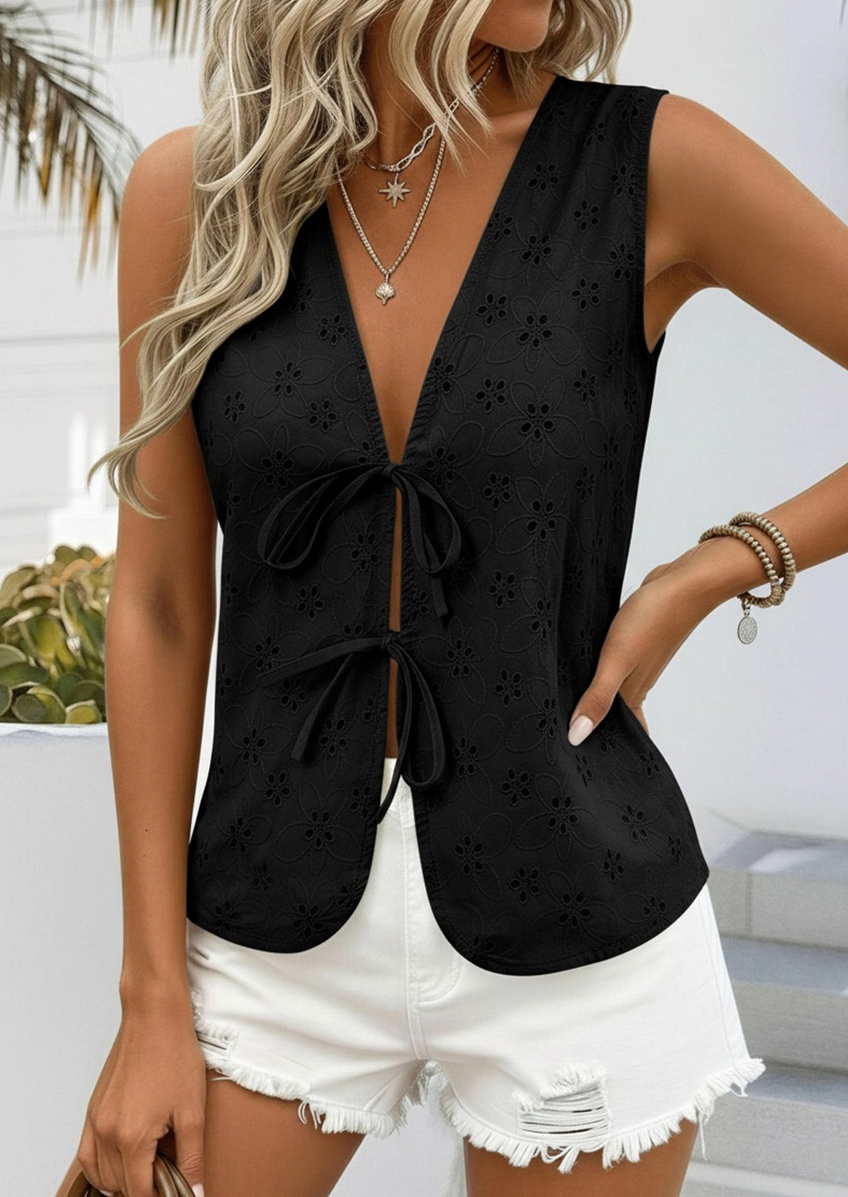 Women's Summer Eyelet Lace Tie Front Vest Tops (Black,S)