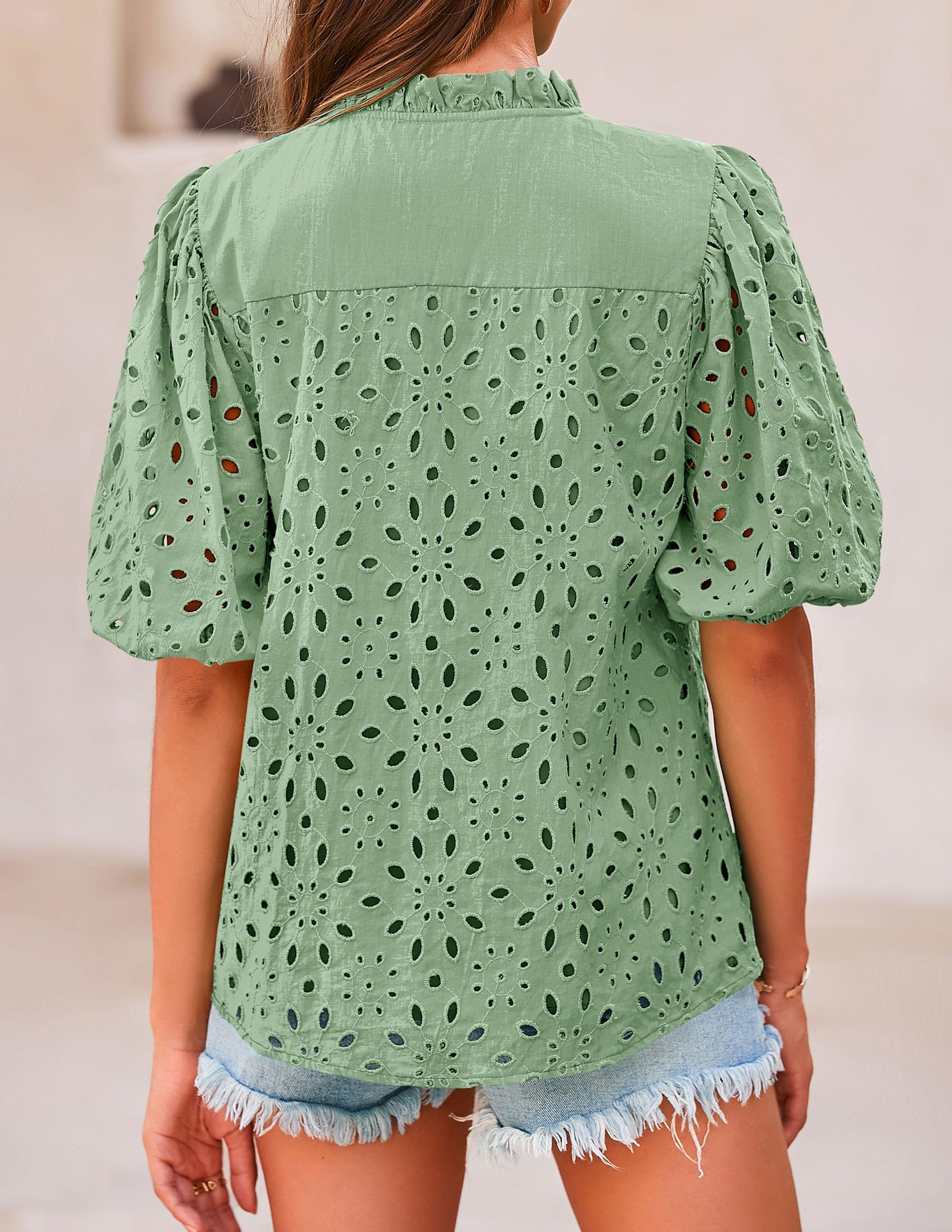 Womens Tops Boho Eyelet Puff Sleeve Blouse, Sage Green,S