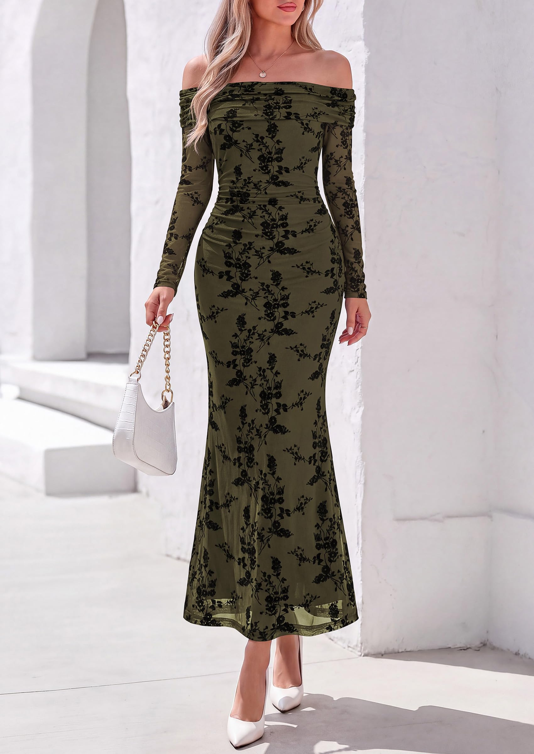 Womens Fall Off Shoulder Floral Maxi Wedding Guest Dress