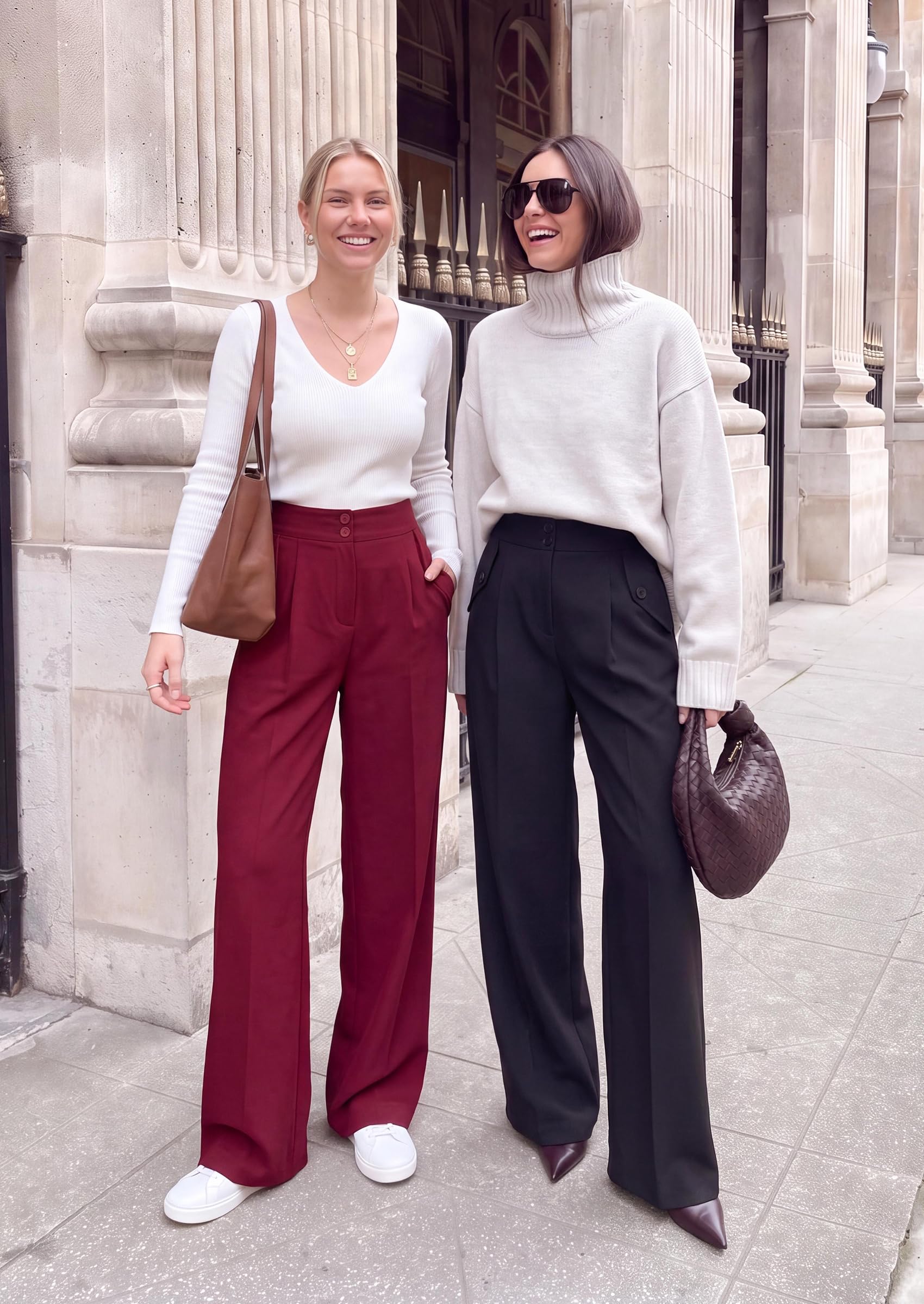 Women's Wide Leg Work Dress Pants Trousers (Burgundy,S)