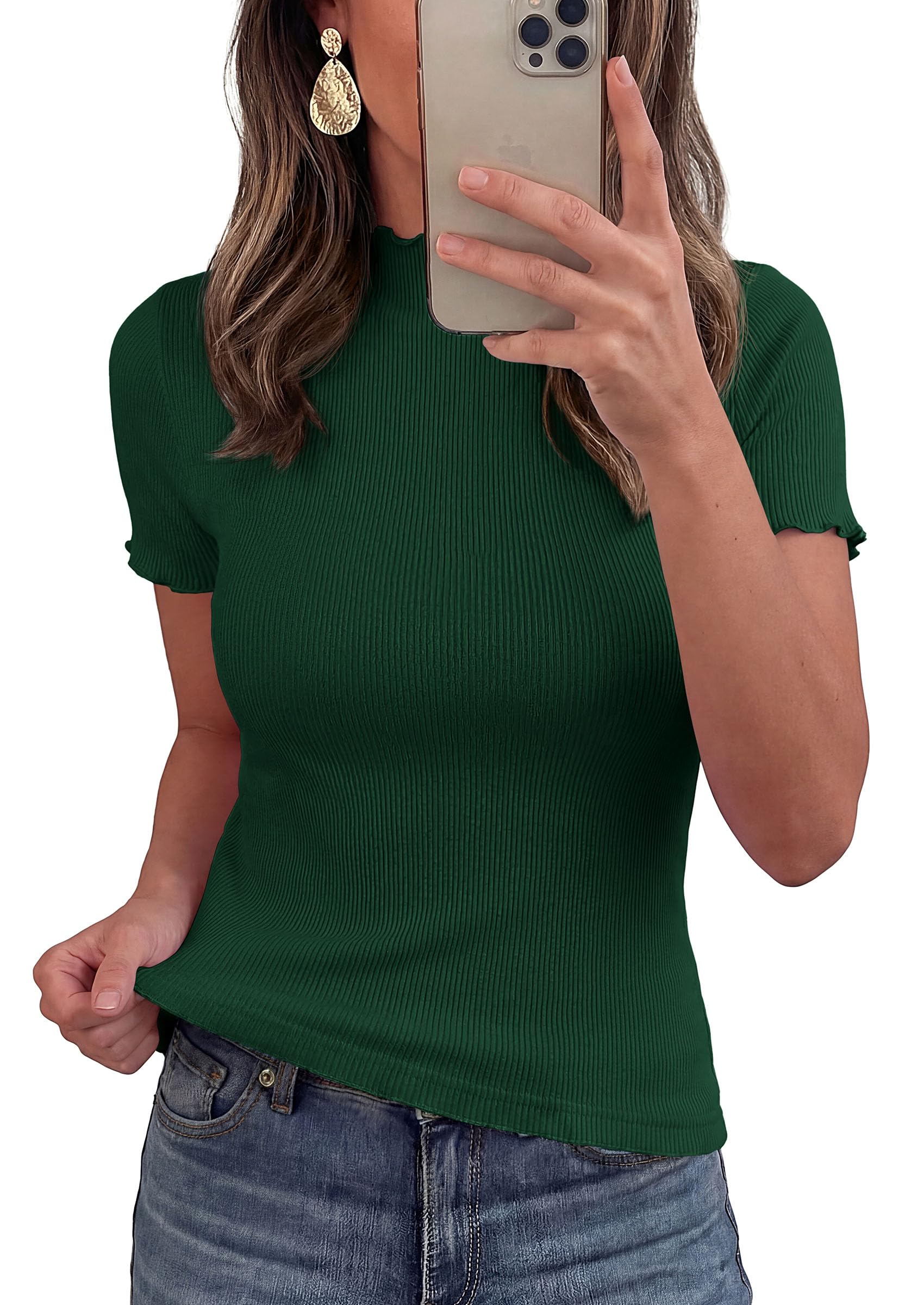 Women's Short Sleeve Ribbed Knit T Shirts, Dark Green,XS