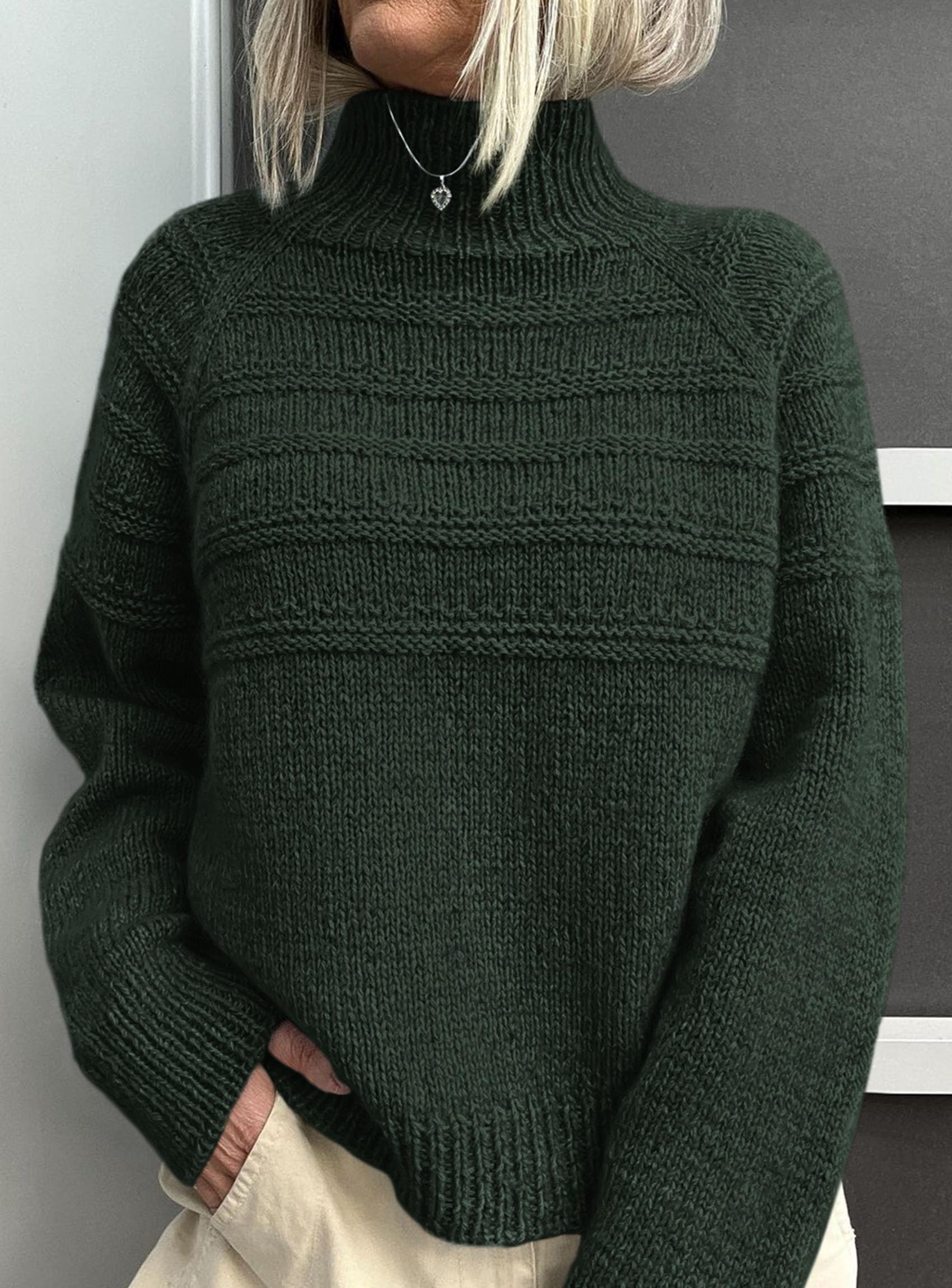 Women's Chunky Knit Mock Neck Pullover Sweaters,Dark Green,S