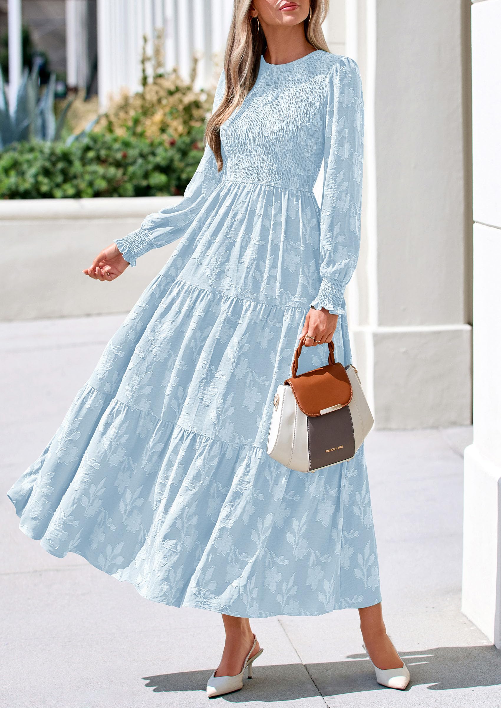 Fall Floral Long Sleeve Wedding Guest Dress for Women Pockets