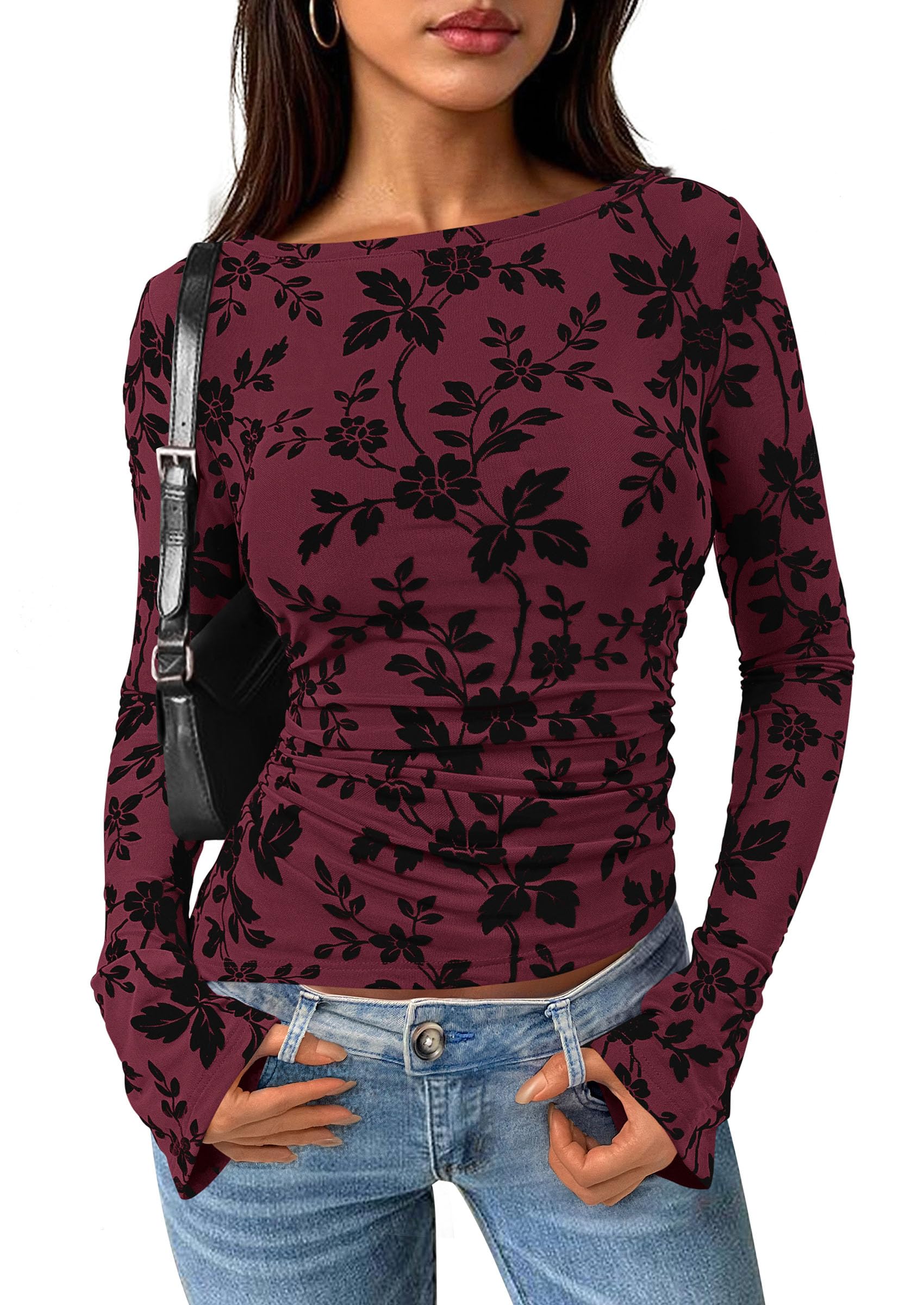 Women's Long Bell Sleeve Y2K Tops Boho Floral Mesh Blouses