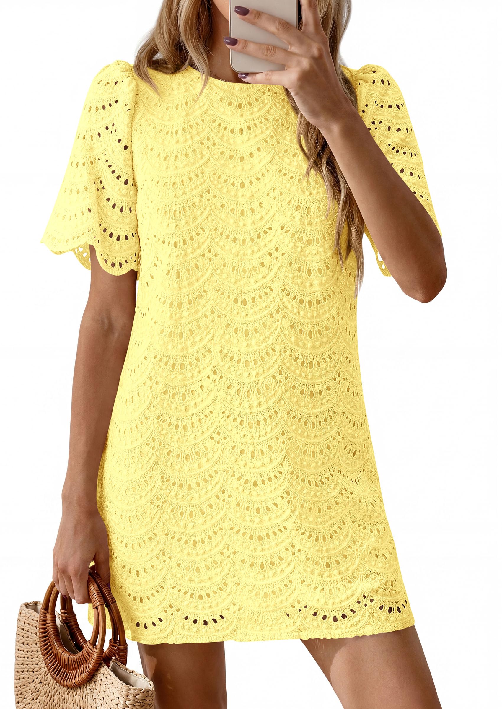 Women's Summer Eyelet Lace Short Dress (Yellow,S)
