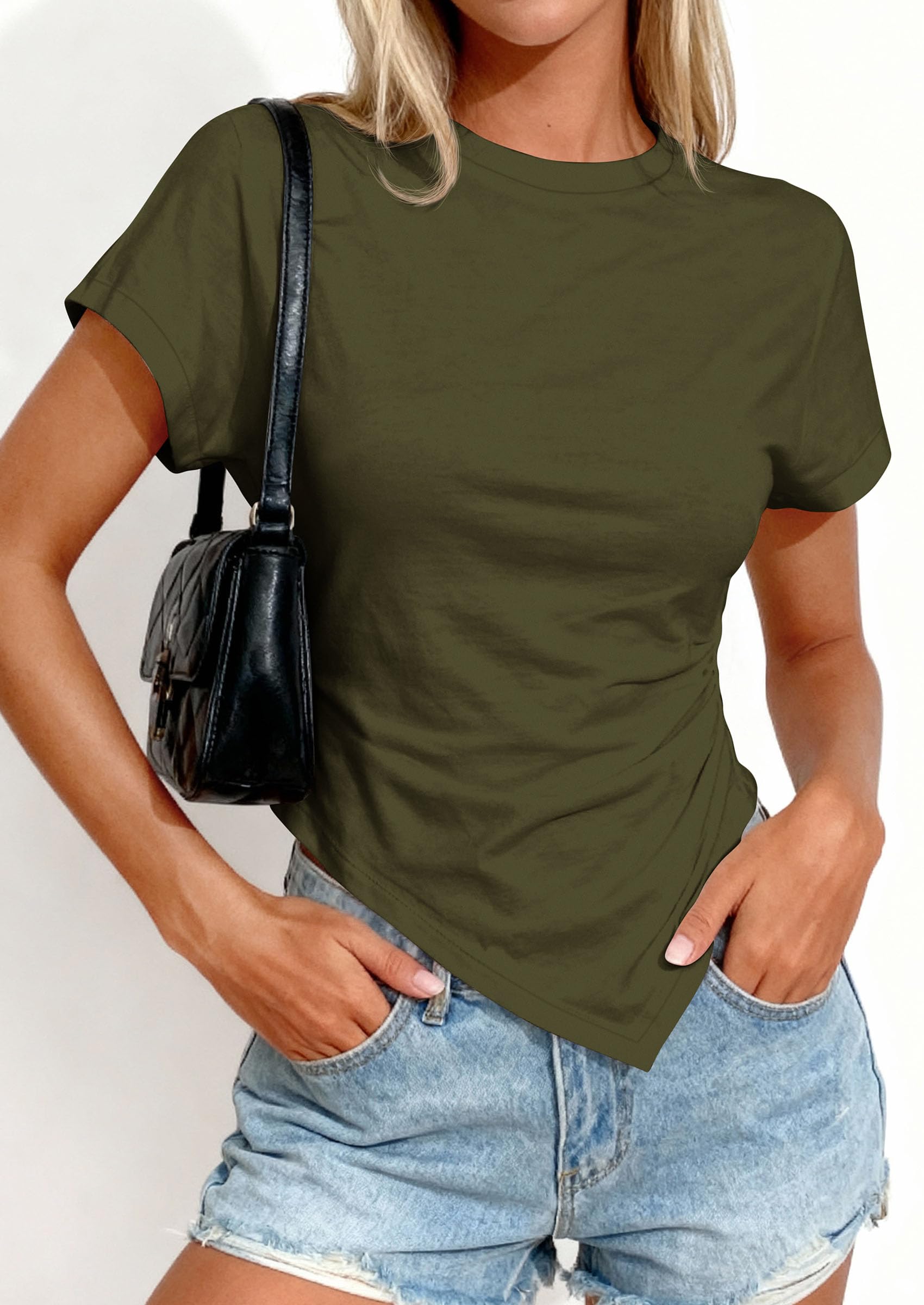 Womens Asymmetrical Summer Short Sleeve Tops,Army Green,XS