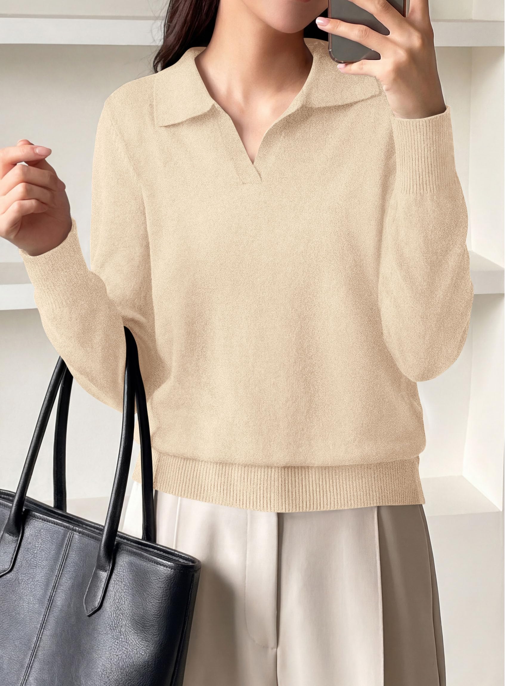 Womens Long Sleeve Collared Polo Sweater,Apricot,S