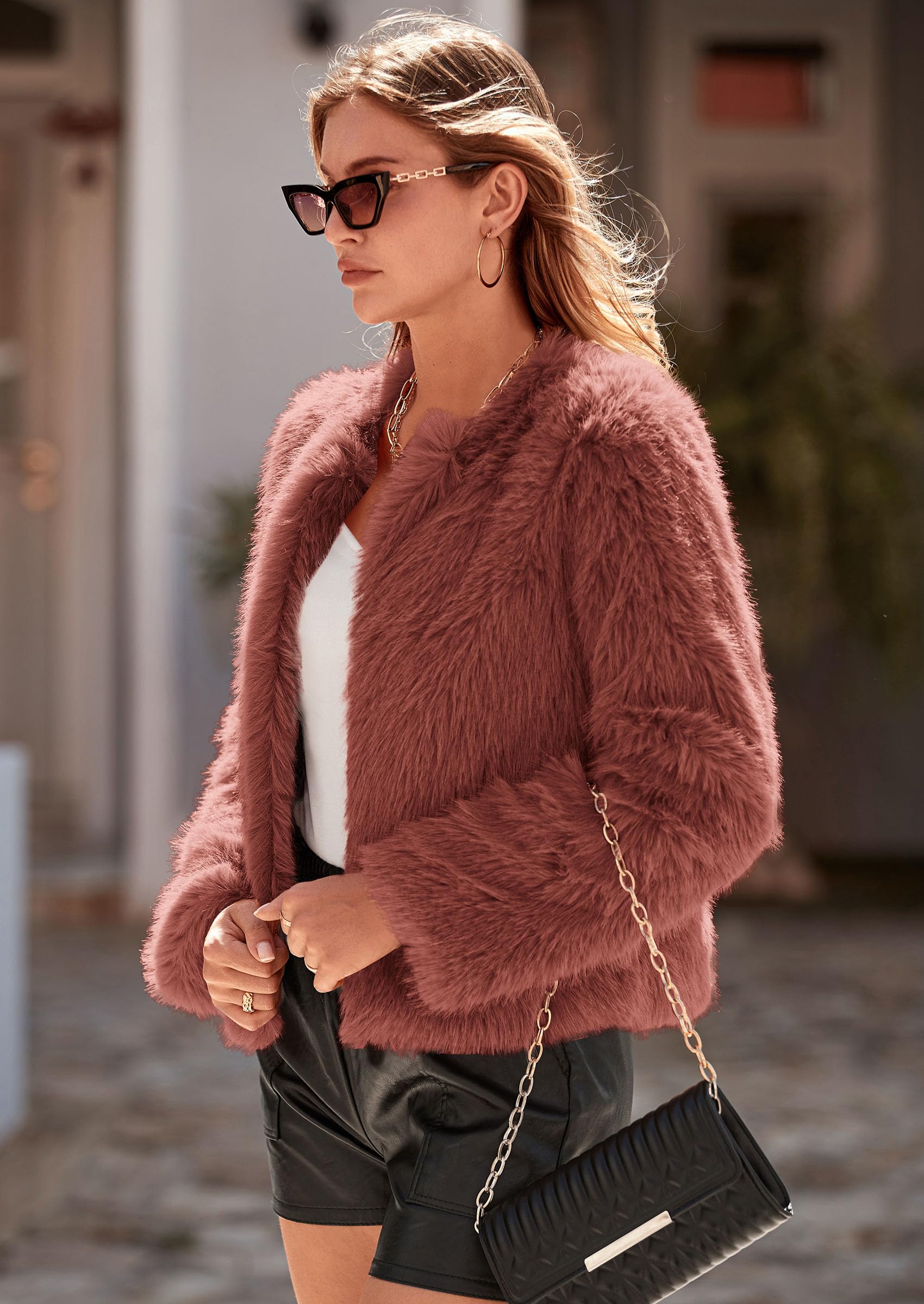 Women's Winter Cropped Faux Fur Coats(Rust Red,Small)