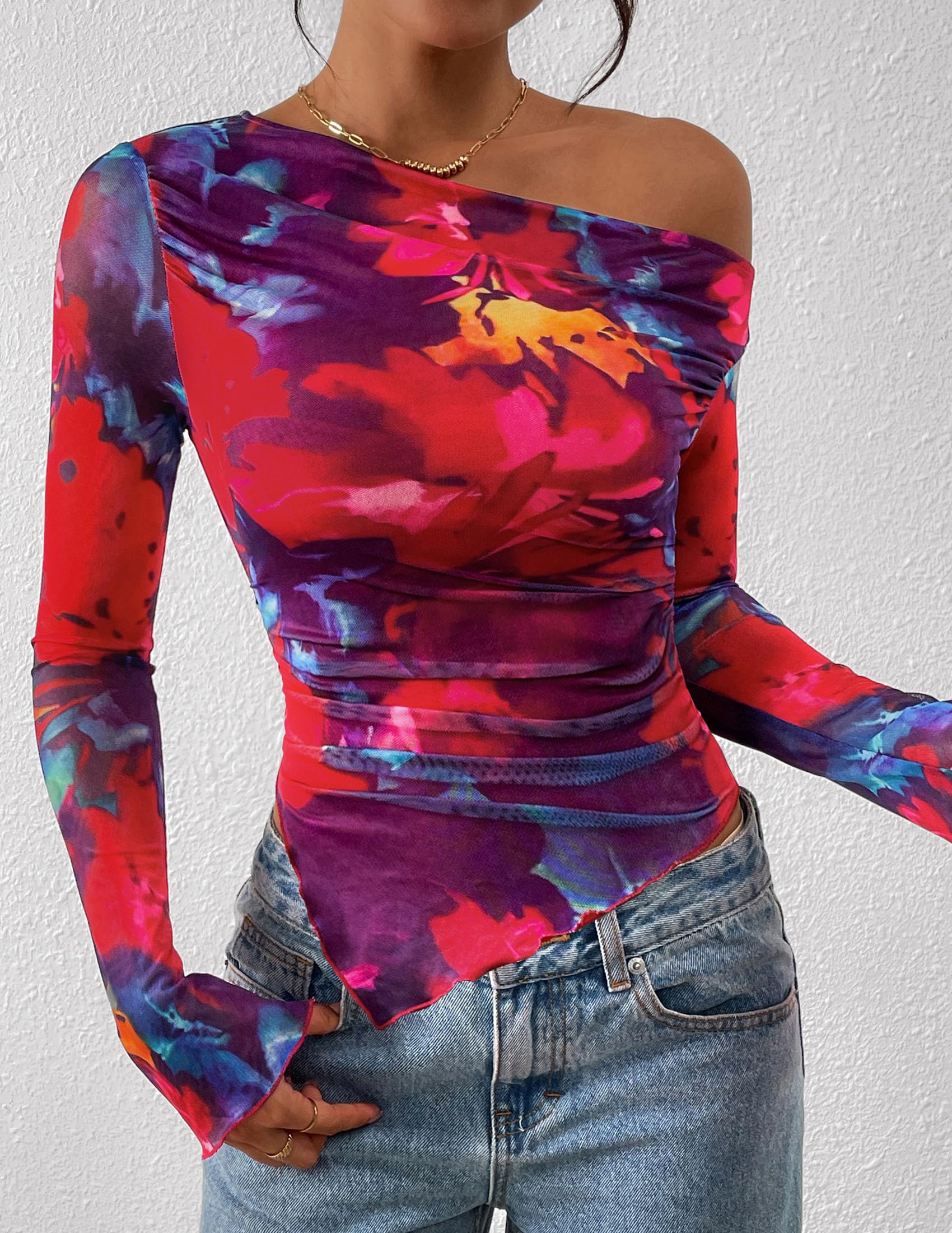 Womens Off Shoulder Mesh Y2k Tops,Floral Navy Red,XS