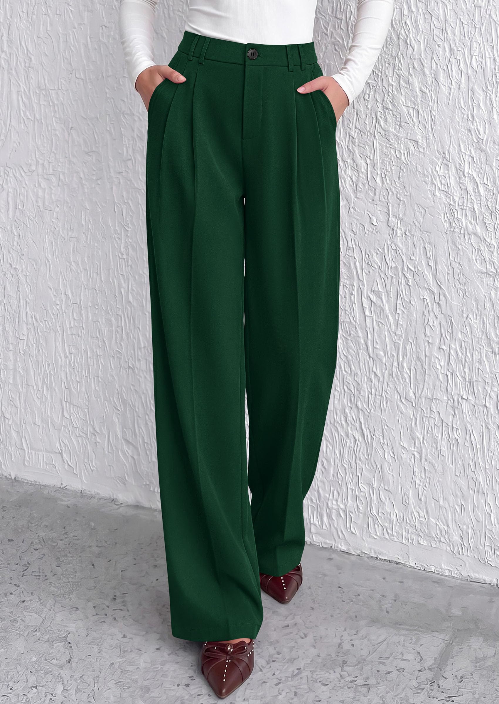 Women's Dress Pants Wide Leg Flowy Trousers,Dark Green,S