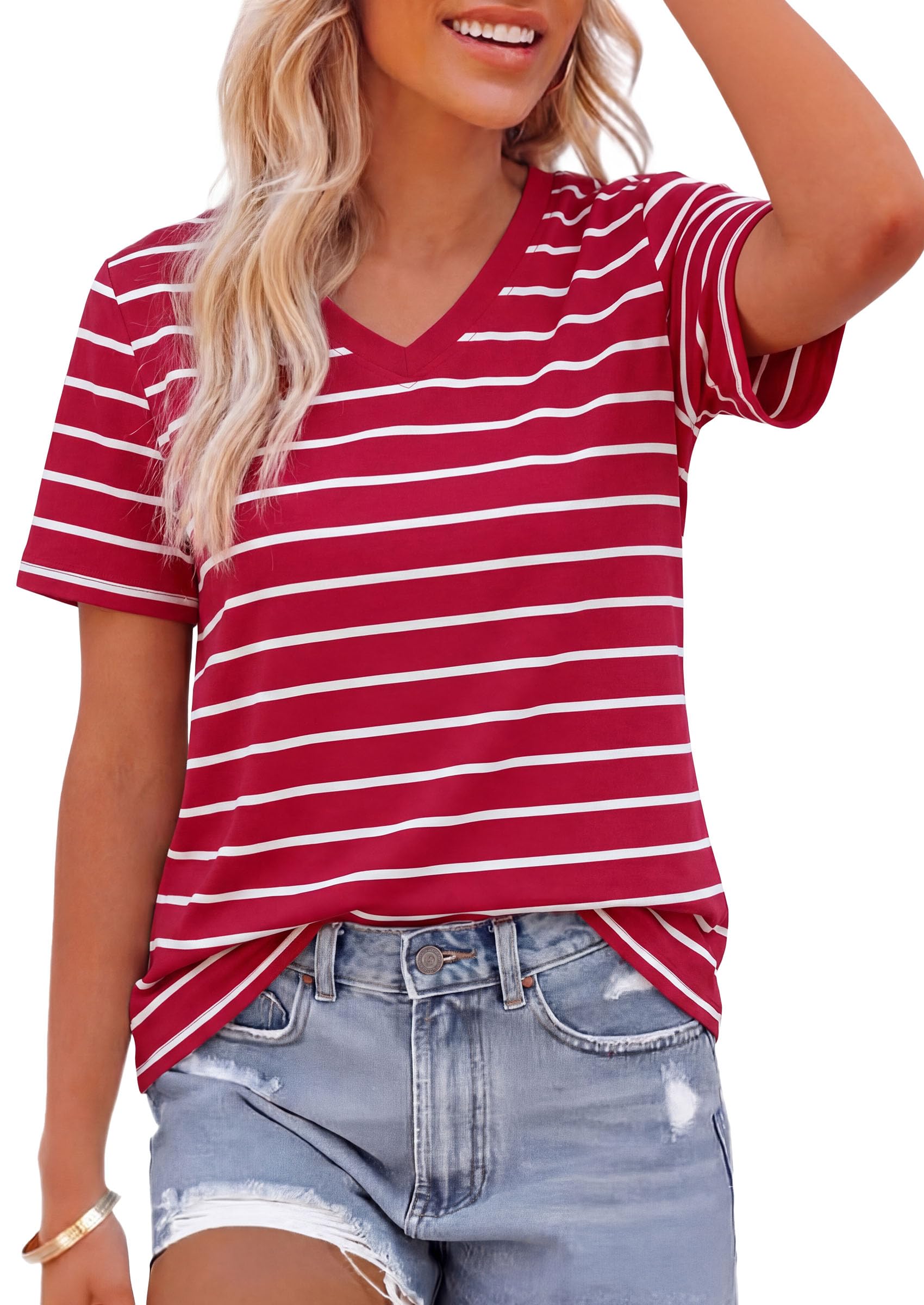 Striped Short Sleeve Womens Tops,Striped Red White,S