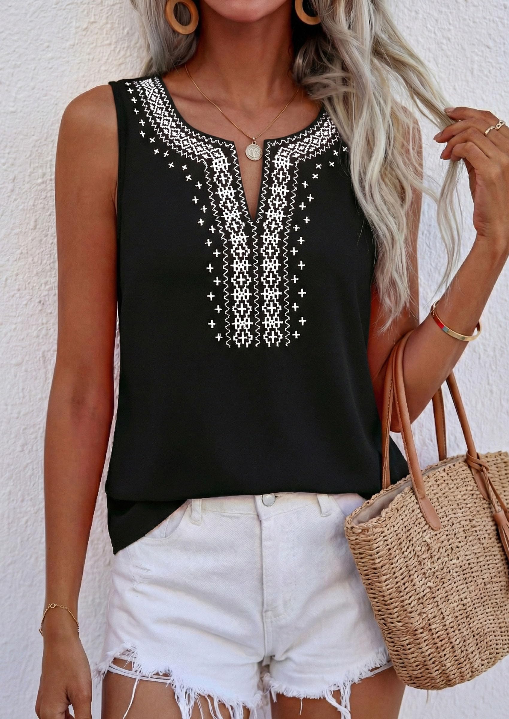 Womens Embroidered Sleeveless Tank Tops Black,S