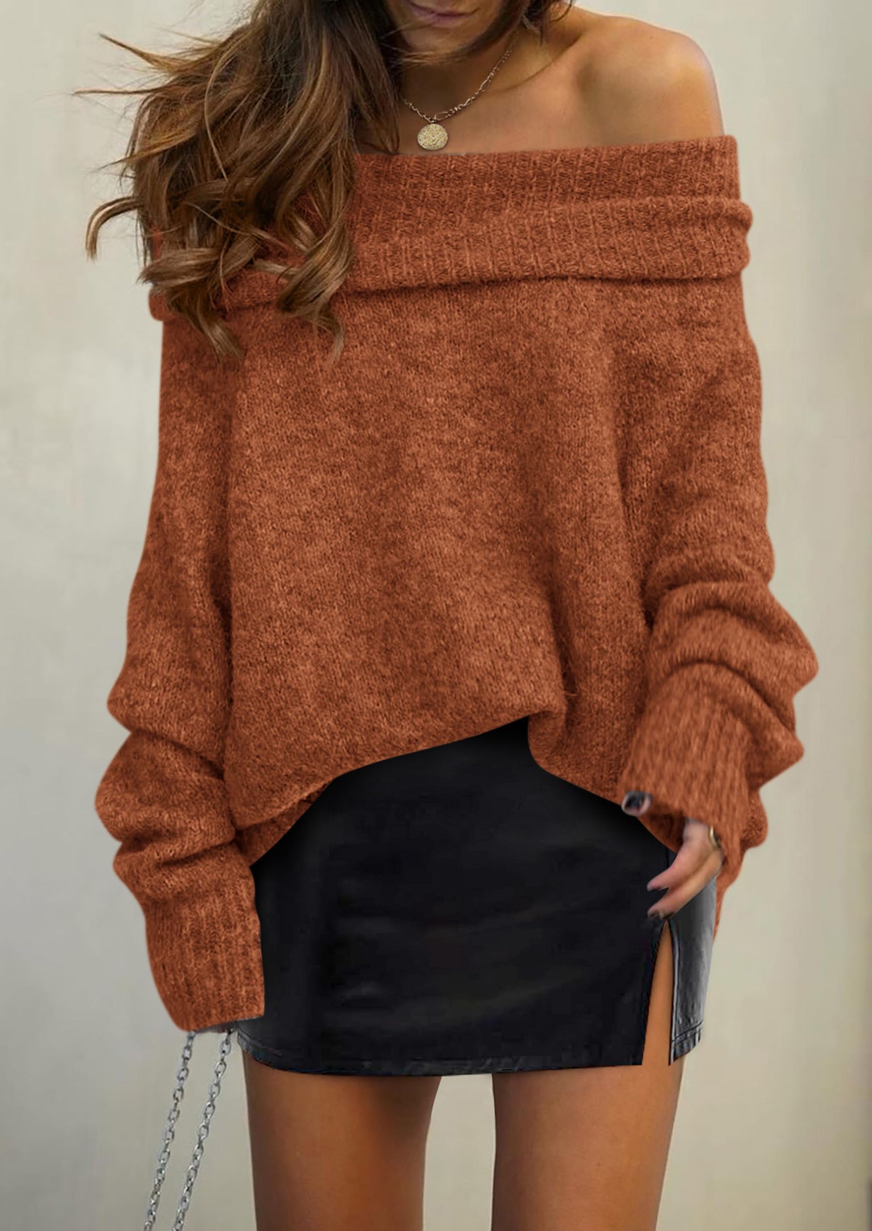 Women's Fall Off The Shoulder Sweater,Brick Red,S