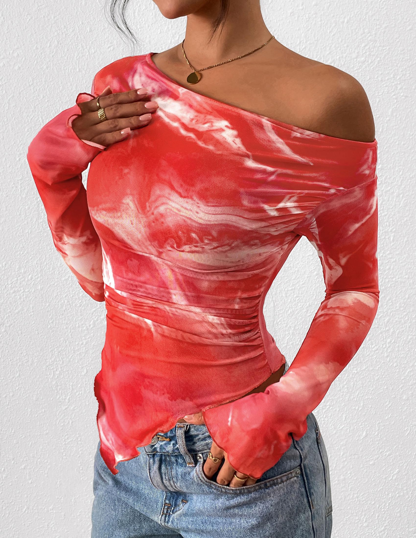 Womens Off Shoulder Mesh Y2k Tops,Floral Brick Red,XS