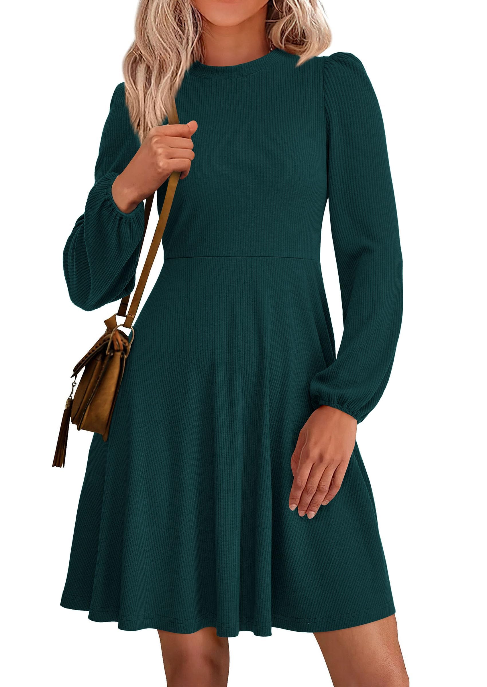 Womens A Line Long Sleeve Mini Dress,Dark Green,S