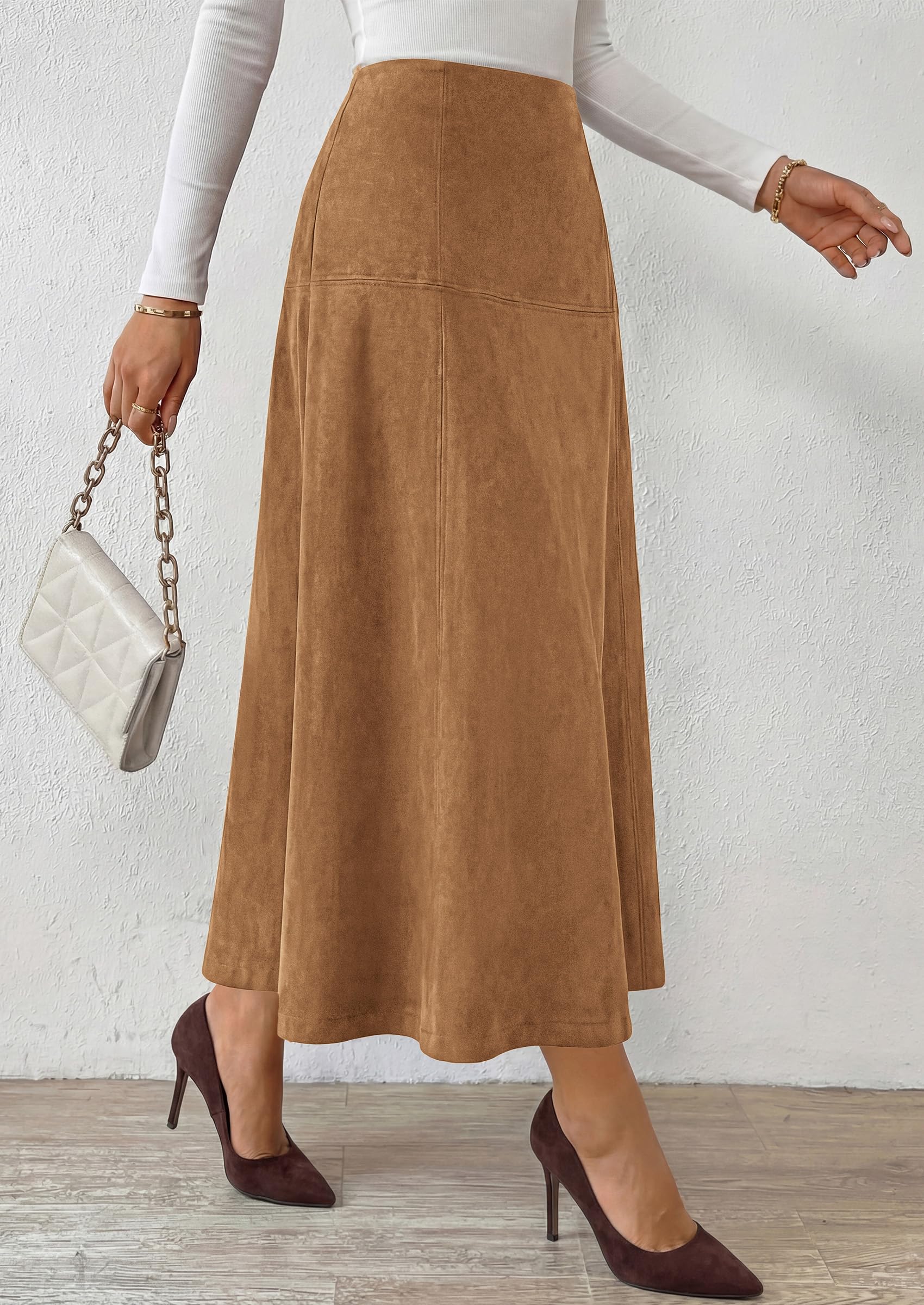 Womens High Waist Faux Suede A Line Midi Skirt,Khaki,S