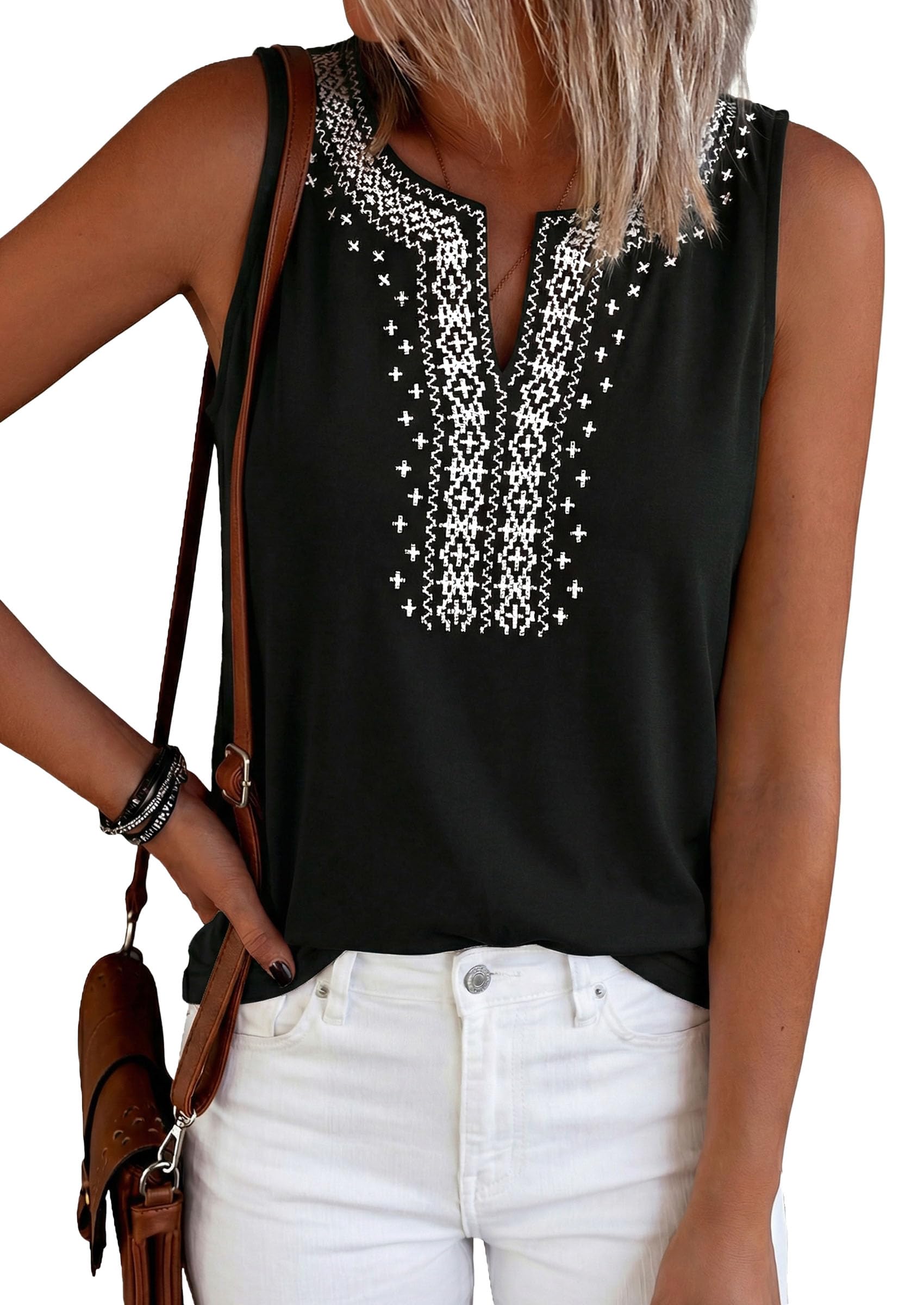 Womens Embroidered Sleeveless Tank Tops Black,S