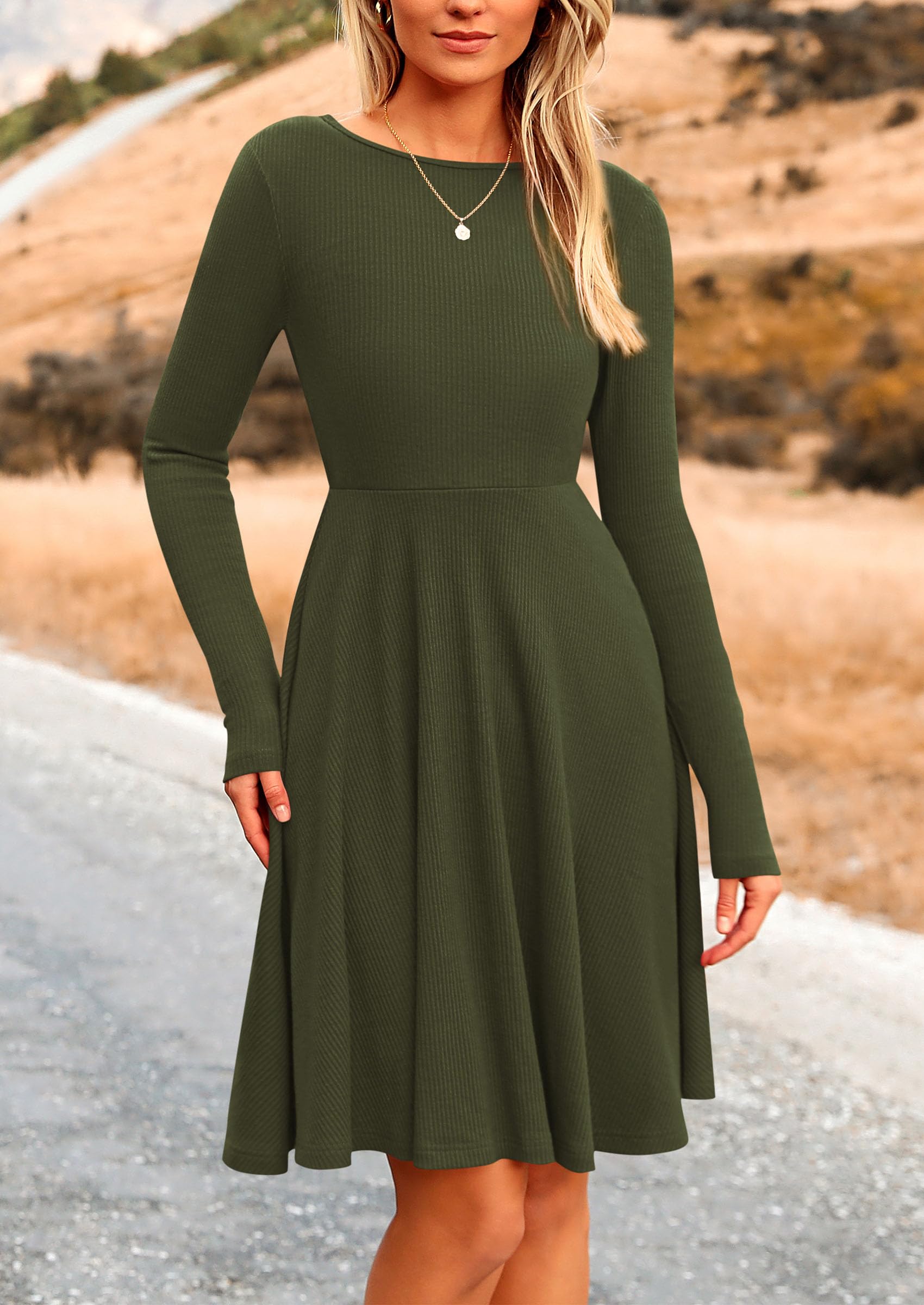 Women's Fall Casual Long Sleeve Short Dress (Army Green,S)