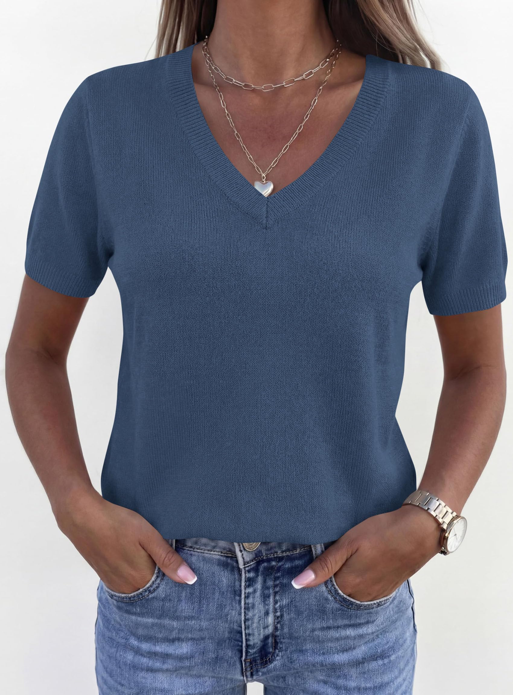 Womens Short Sleeve Sweater V Neck Tops,Grey Blue,S