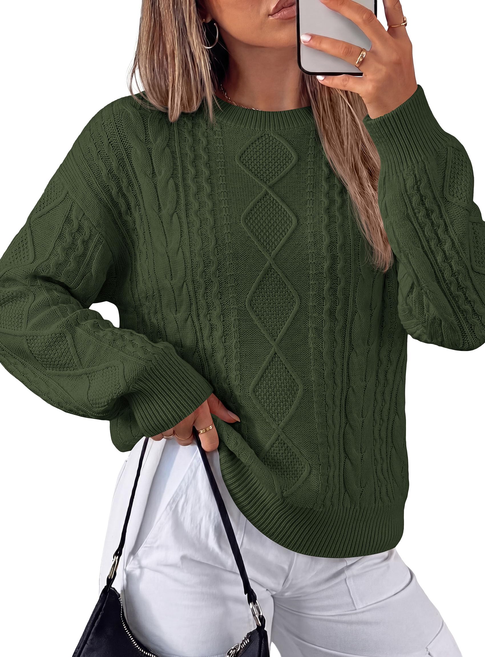 Women's Crewneck Cable Knit Sweater Pullover Tops Army Green