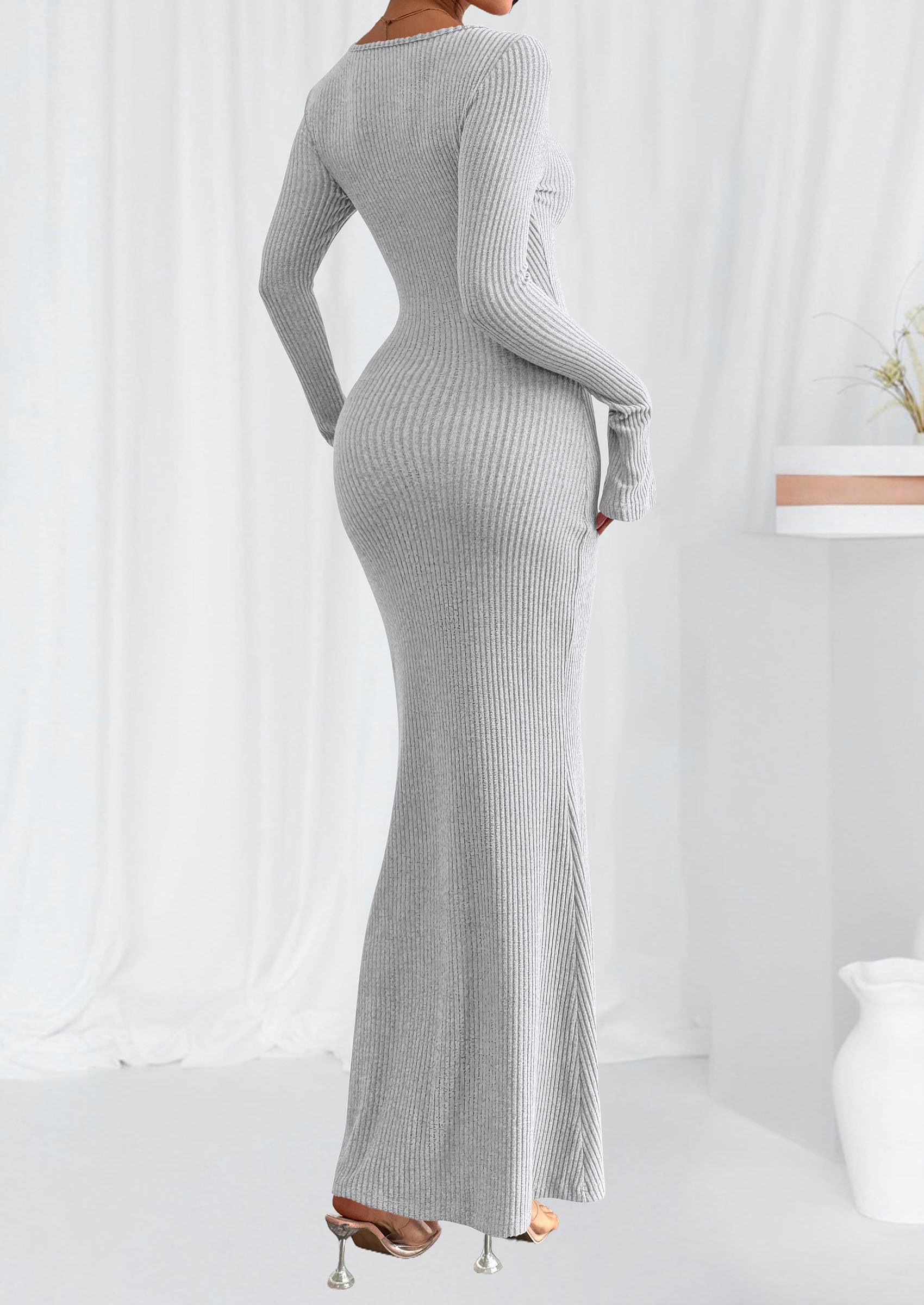 Women's Fall Long Sleeve Bodycon Maxi Dresses (Grey,XS)