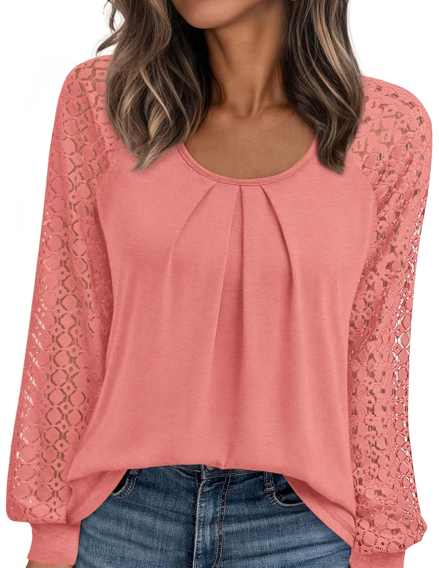 Women's Long Sleeve Shirts Fall Lace Tops,Coral Pink,S